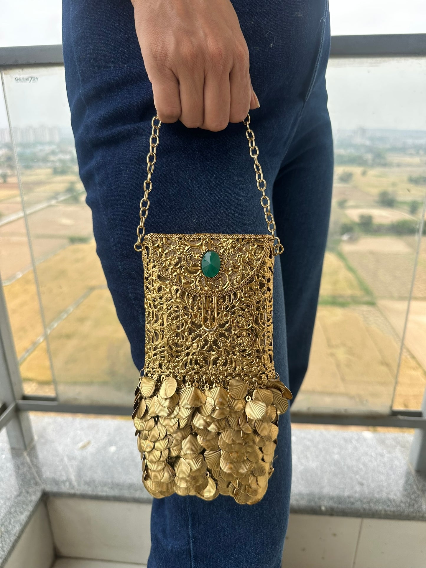 Monal Metal Filigree Mobile Clutch with waist hook and long detachable sling