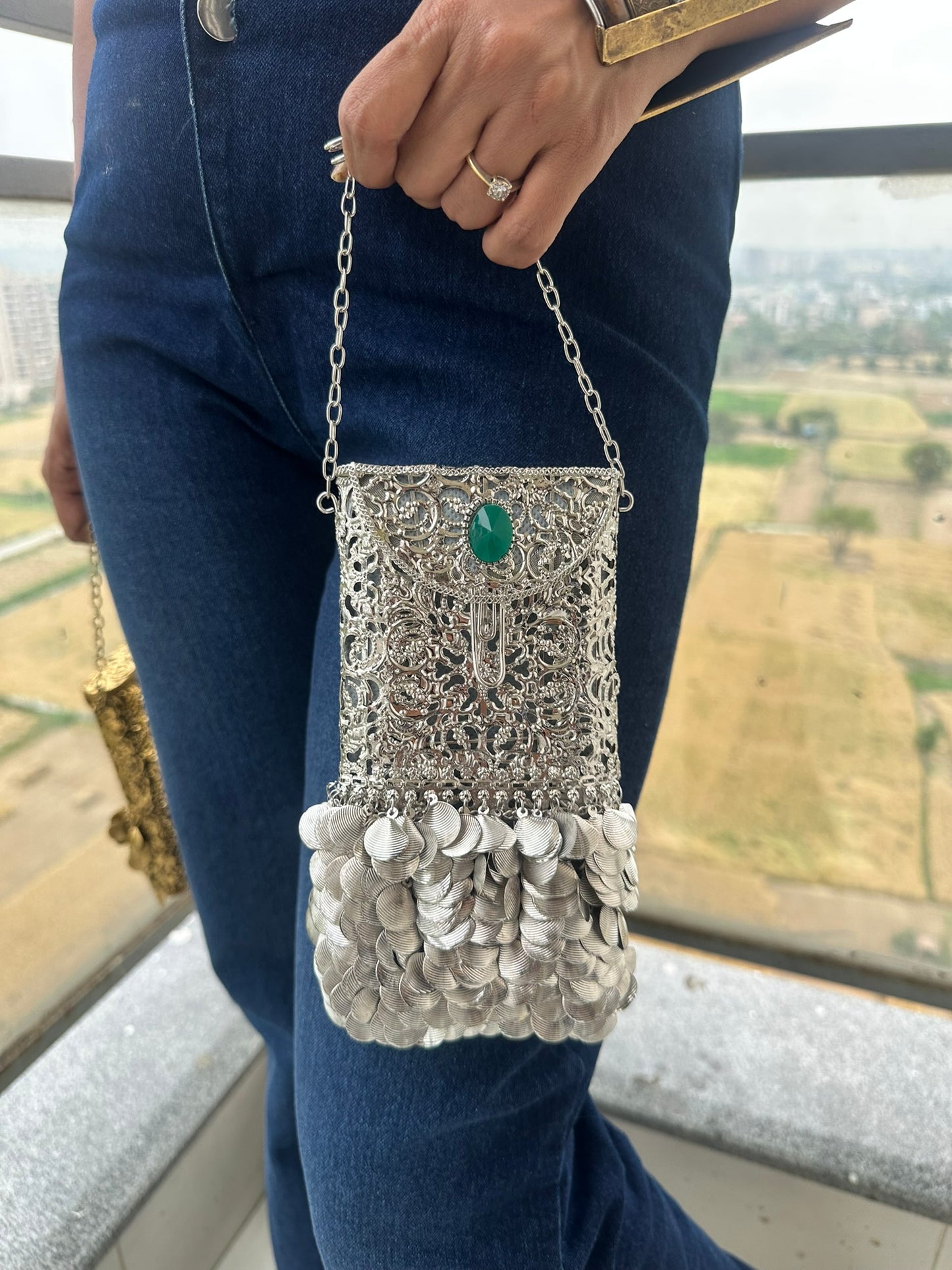 Monal Metal Filigree Mobile Clutch with waist hook and long detachable sling