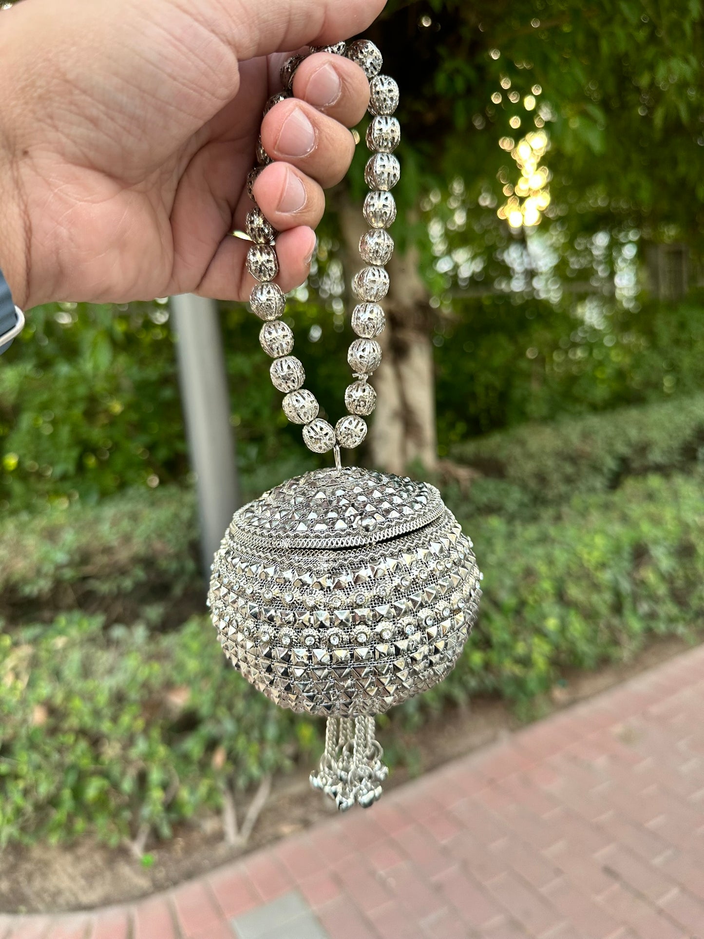 Mini Silver Crystal Sphere Clutch Bag – Crystal Evening Potli Bag, Metallic Ball Wristlet, Bridal and Prom Handbag (Fits Keys and Lipgloss)