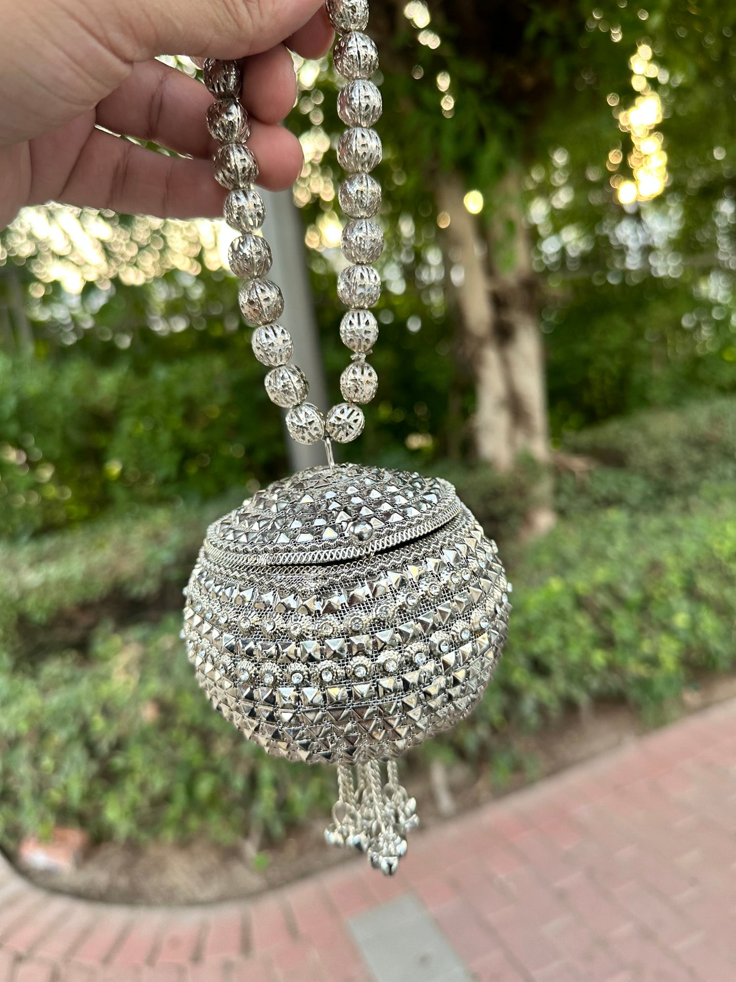 Mini Silver Crystal Sphere Clutch Bag – Crystal Evening Potli Bag, Metallic Ball Wristlet, Bridal and Prom Handbag (Fits Keys and Lipgloss)