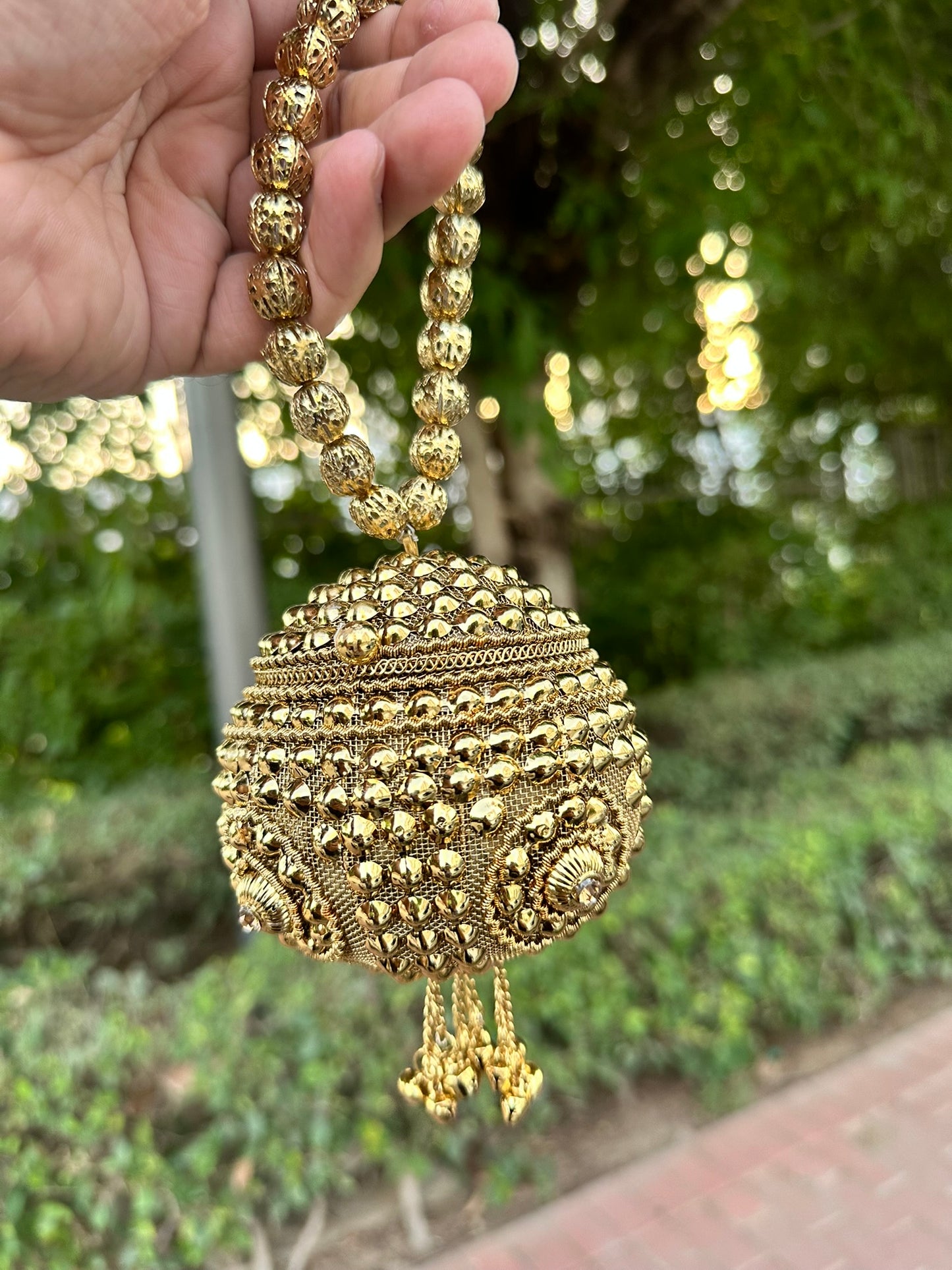 Majestic Gold Sphere Filigree Bridal Clutch with Beaded Tassel & Bead Handle