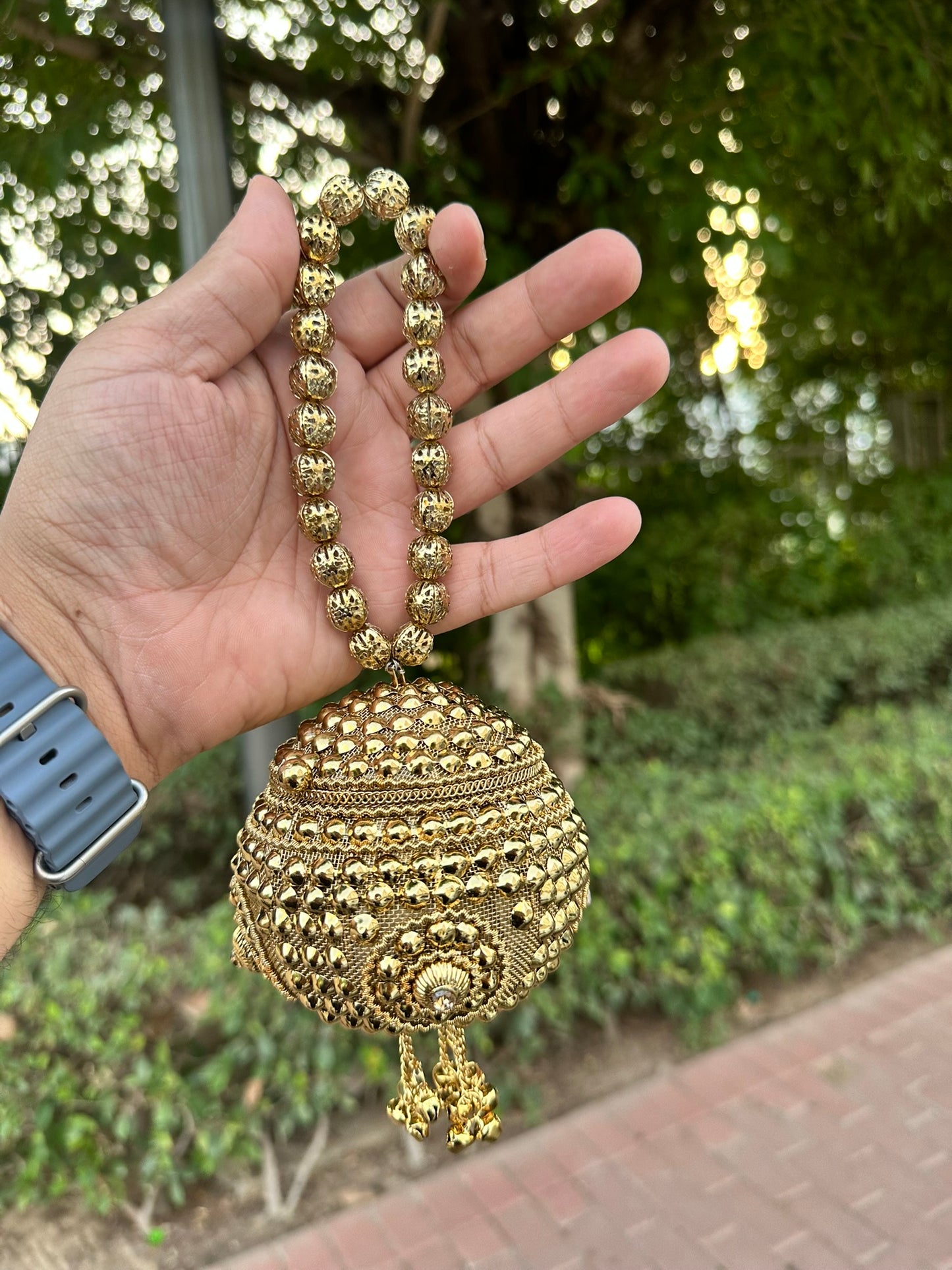 Majestic Gold Sphere Filigree Bridal Clutch with Beaded Tassel & Bead Handle