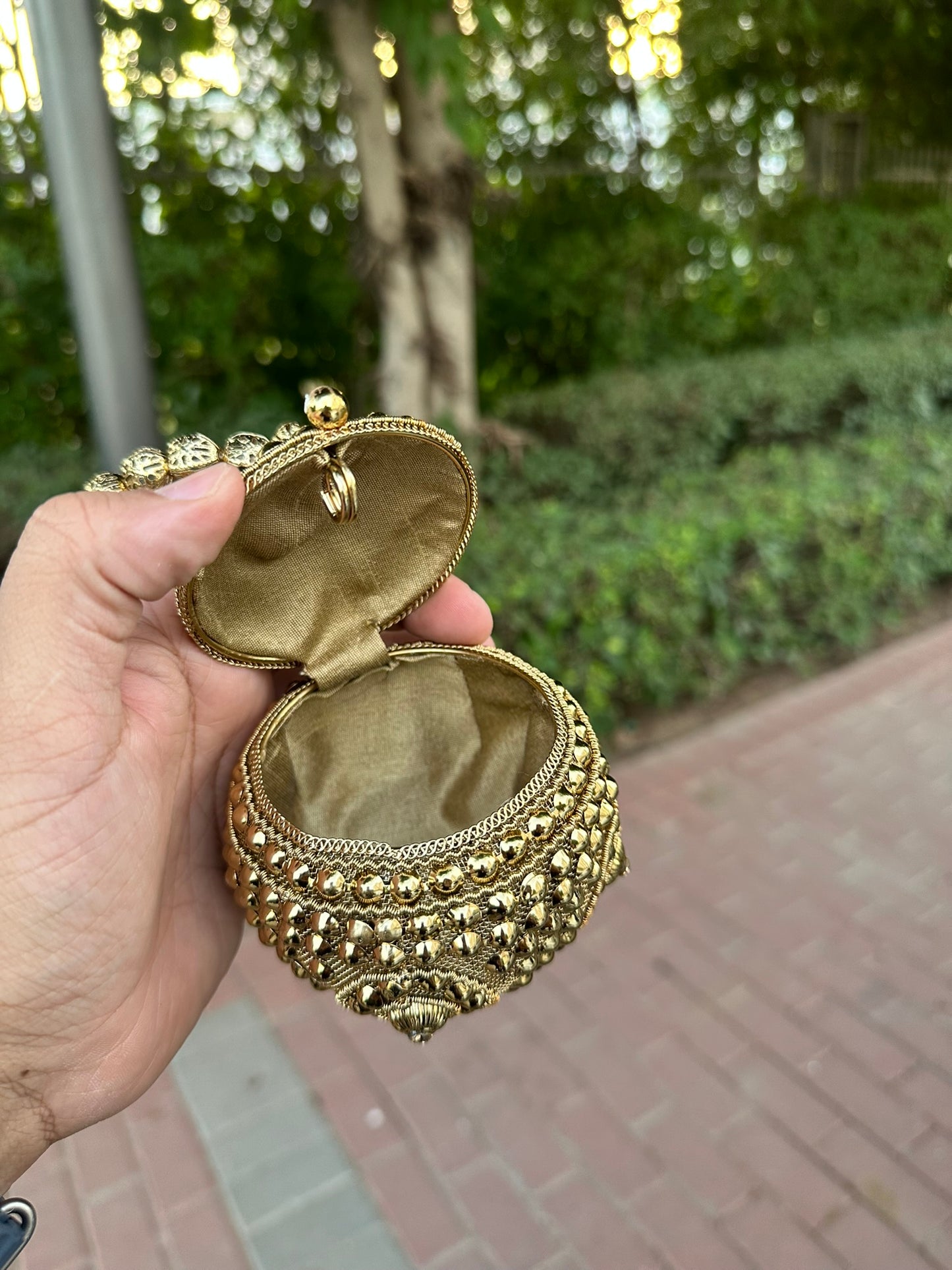 Majestic Gold Sphere Filigree Bridal Clutch with Beaded Tassel & Bead Handle