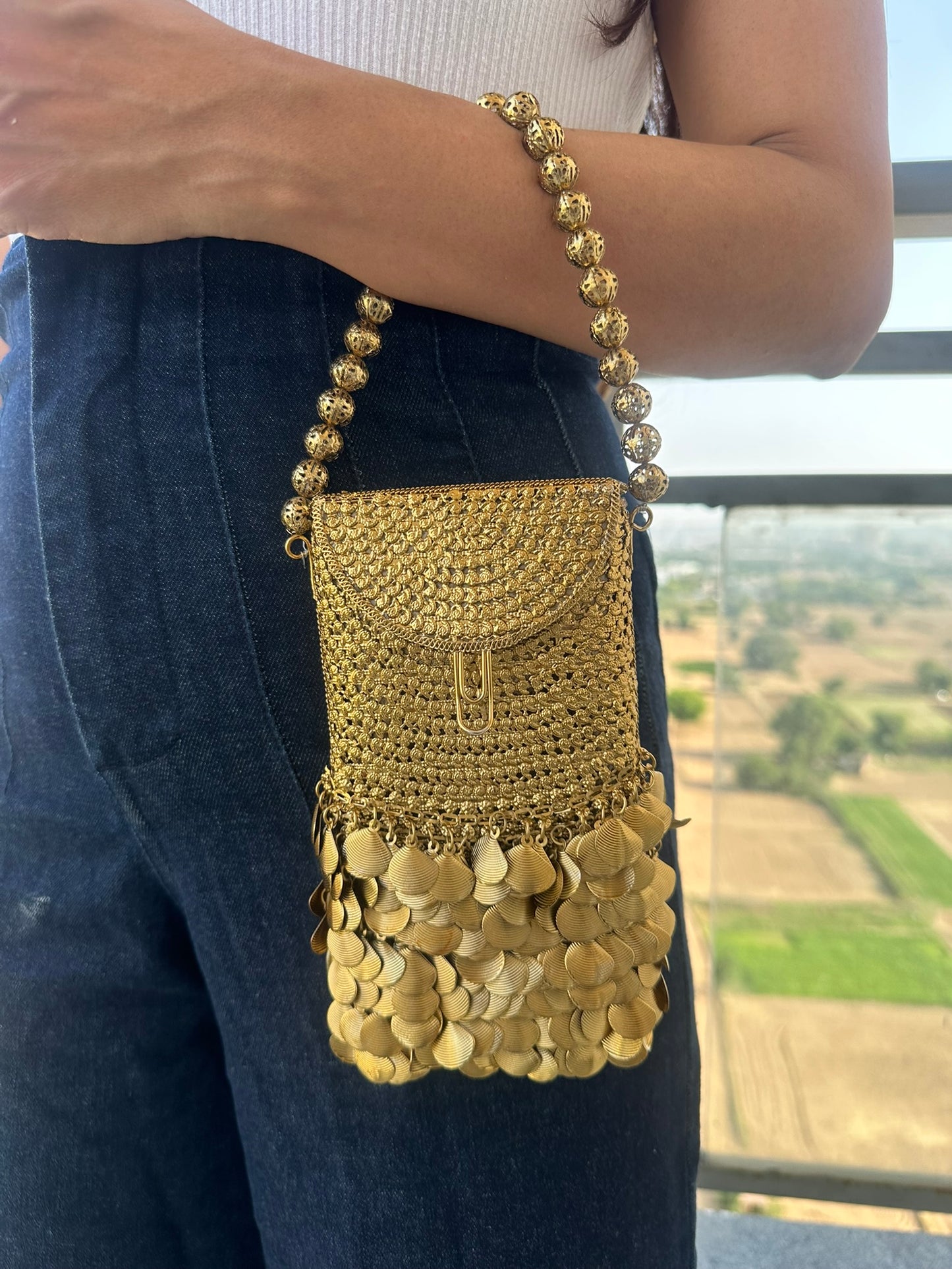 Metallic Gold Crochet Phone Bag – Scaled Sequins, Crossbody Sling Purse