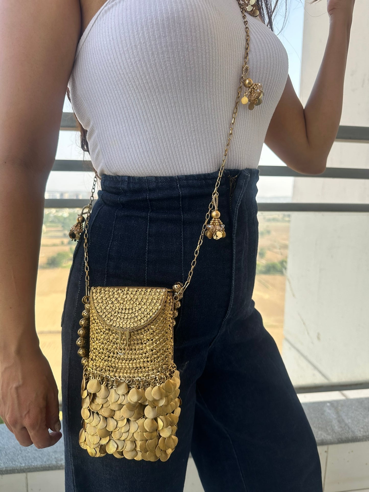 Metallic Gold Crochet Phone Bag – Scaled Sequins, Crossbody Sling Purse