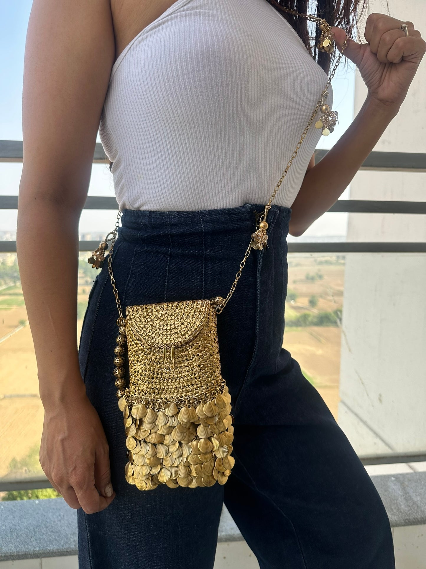 Metallic Gold Crochet Phone Bag – Scaled Sequins, Crossbody Sling Purse