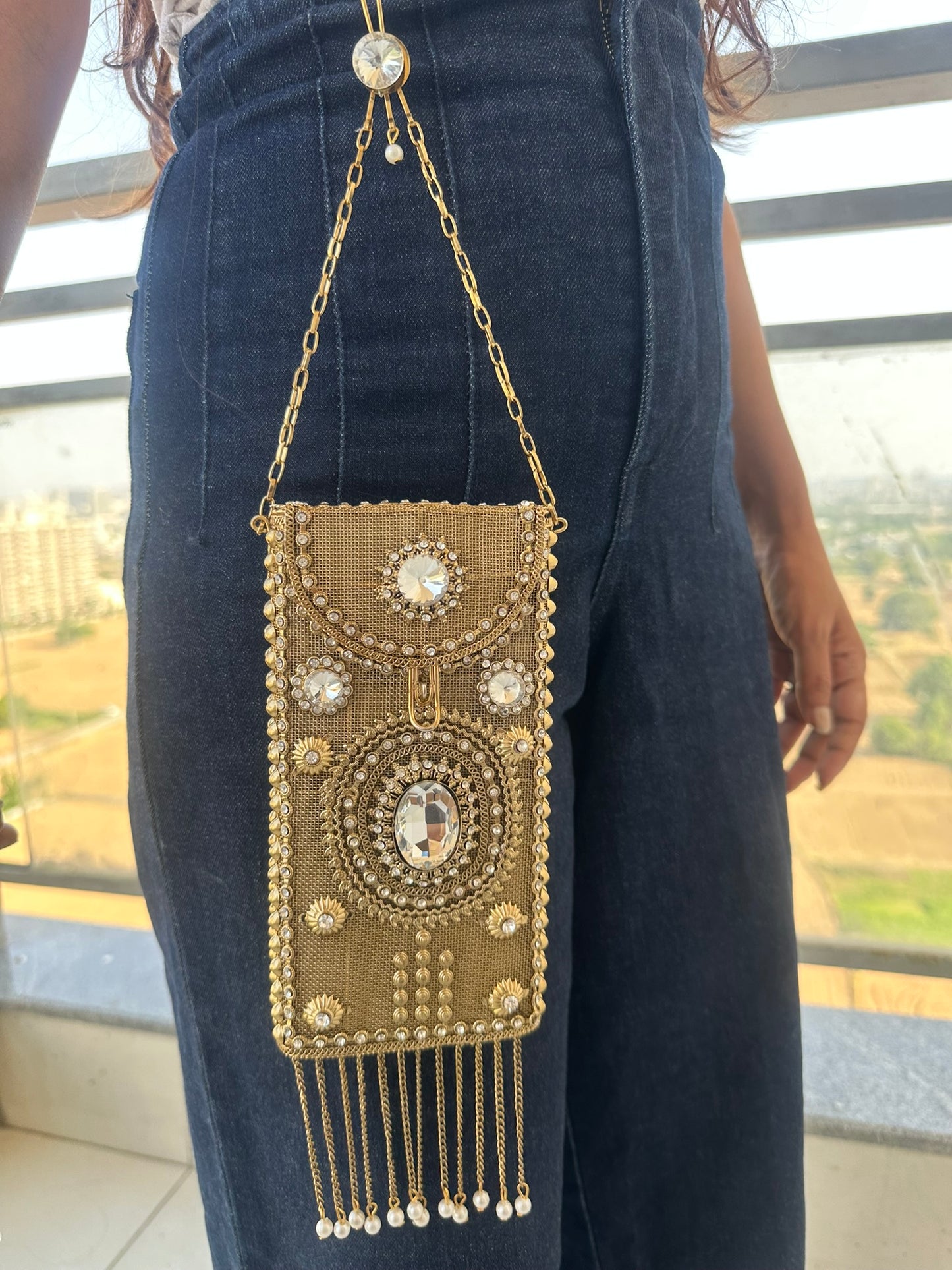 Crystal Embellished Gold Phone Bag - Bridal Mobile bag with Pearl Tassels - Hand-Beaded Wedding Evening Purse - Ethnic Luxury Tech Accessory