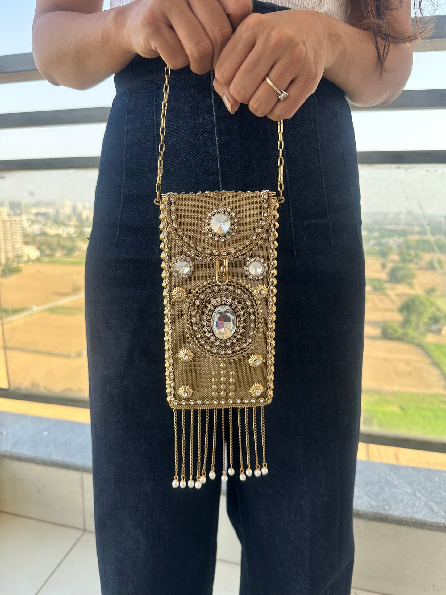 Crystal Embellished Gold Phone Bag - Bridal Mobile bag with Pearl Tassels - Hand-Beaded Wedding Evening Purse - Ethnic Luxury Tech Accessory