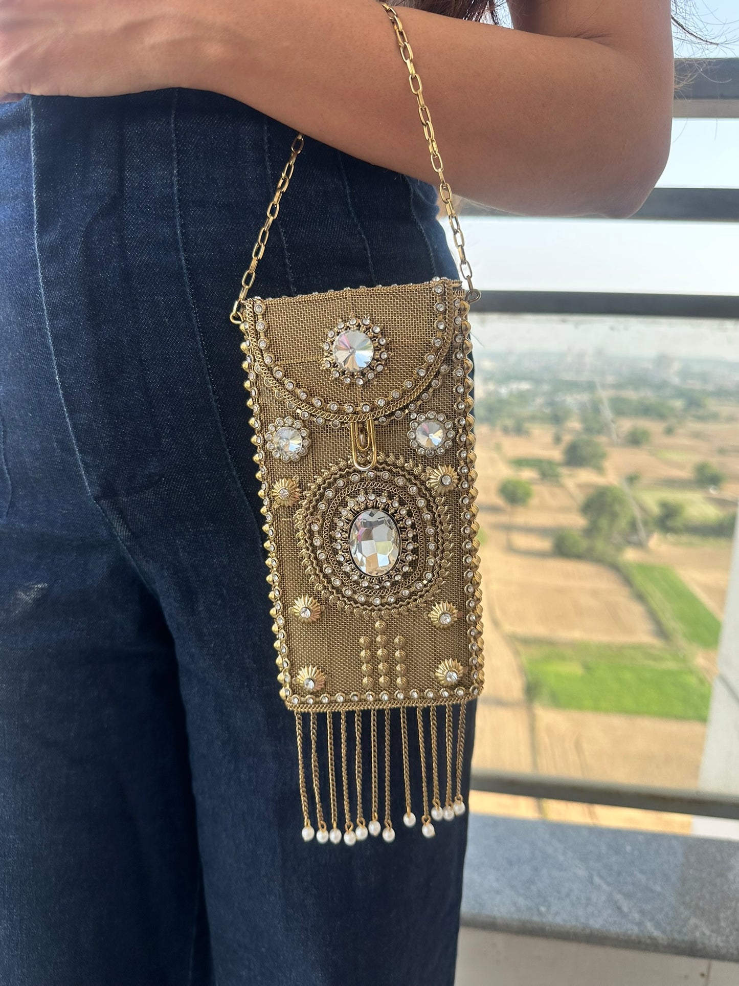 Crystal Embellished Gold Phone Bag - Bridal Mobile bag with Pearl Tassels - Hand-Beaded Wedding Evening Purse - Ethnic Luxury Tech Accessory