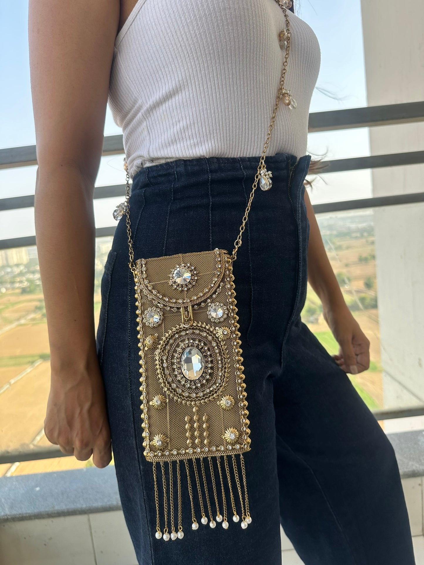 Crystal Embellished Gold Phone Bag - Bridal Mobile bag with Pearl Tassels - Hand-Beaded Wedding Evening Purse - Ethnic Luxury Tech Accessory