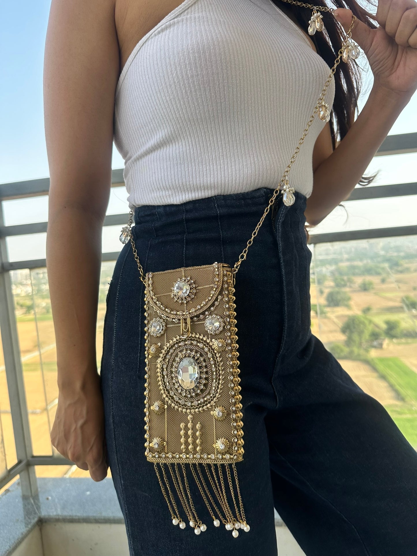 Crystal Embellished Gold Phone Bag - Bridal Mobile bag with Pearl Tassels - Hand-Beaded Wedding Evening Purse - Ethnic Luxury Tech Accessory