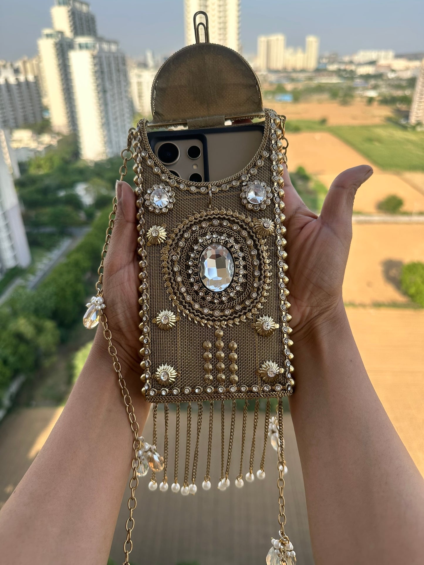 Crystal Embellished Gold Phone Bag - Bridal Mobile bag with Pearl Tassels - Hand-Beaded Wedding Evening Purse - Ethnic Luxury Tech Accessory