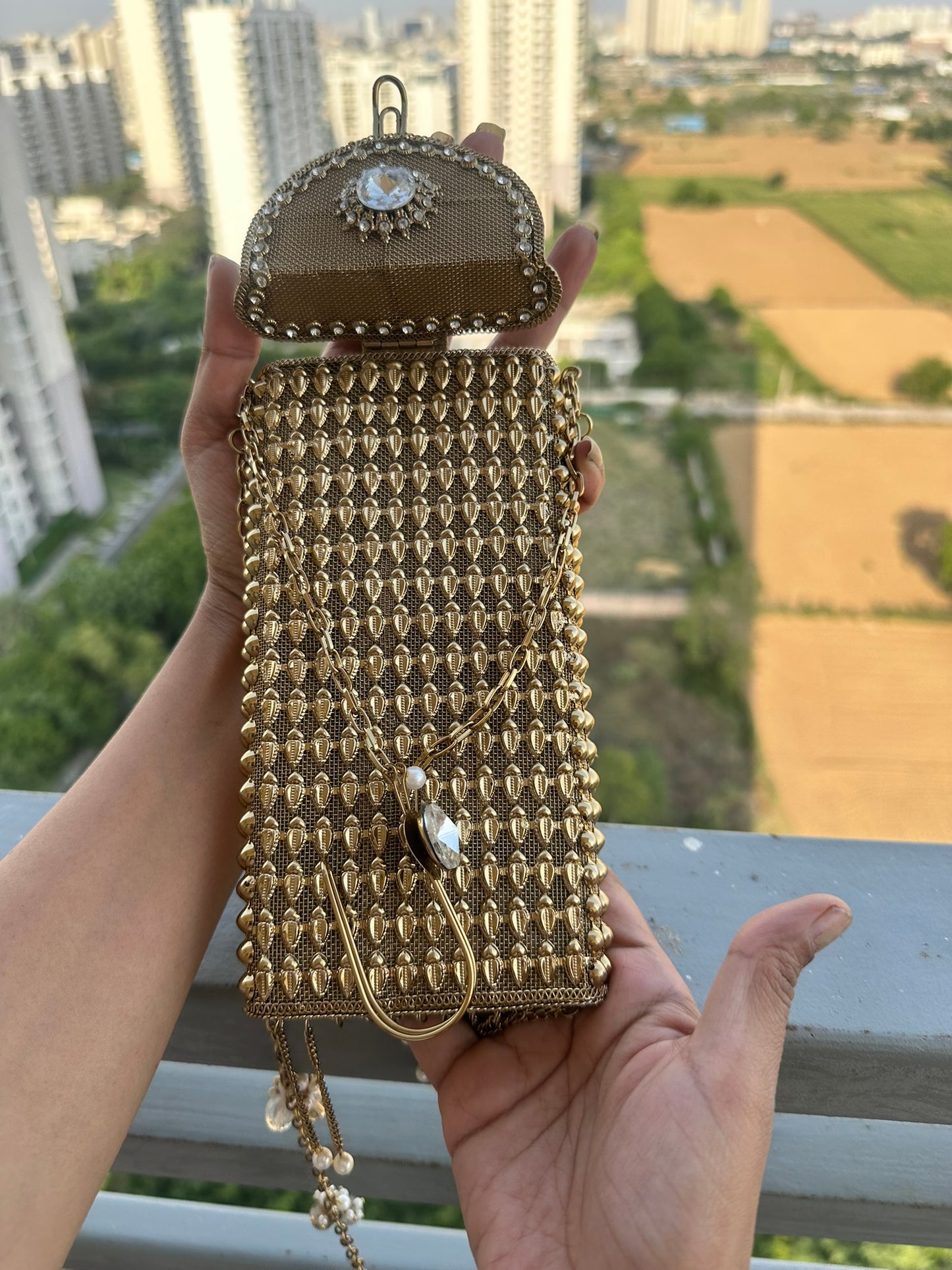 Crystal Embellished Gold Phone Bag - Bridal Mobile bag with Pearl Tassels - Hand-Beaded Wedding Evening Purse - Ethnic Luxury Tech Accessory