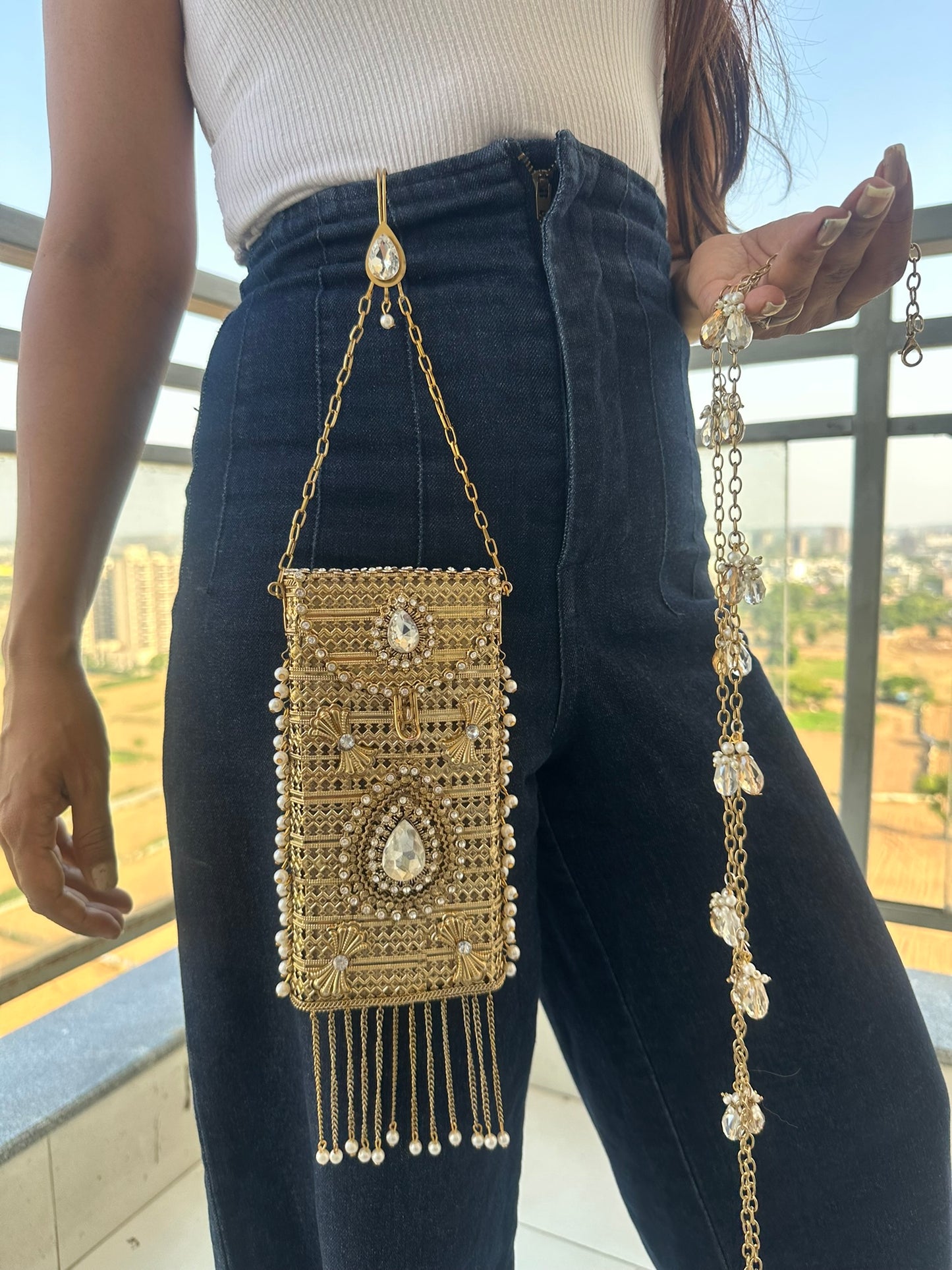 Filigree Metal Jeweled Phone Bag | Ethnic Crossbody Waist Pouch | Two Ornate Styles Available