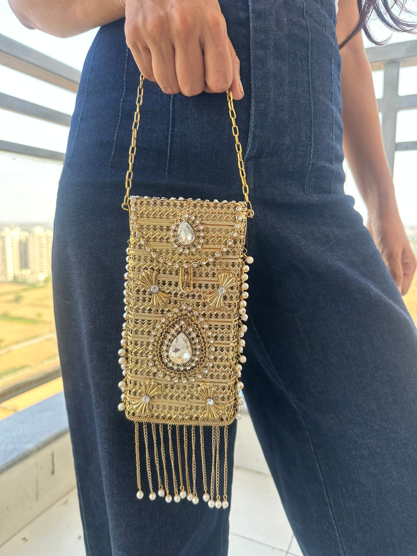 Filigree Metal Jeweled Phone Bag | Ethnic Crossbody Waist Pouch | Two Ornate Styles Available