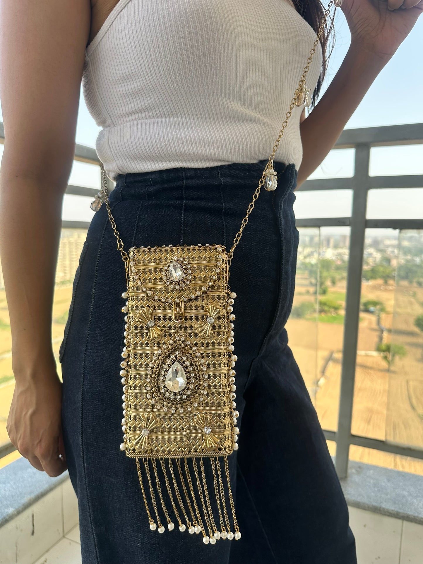 Filigree Metal Jeweled Phone Bag | Ethnic Crossbody Waist Pouch | Two Ornate Styles Available