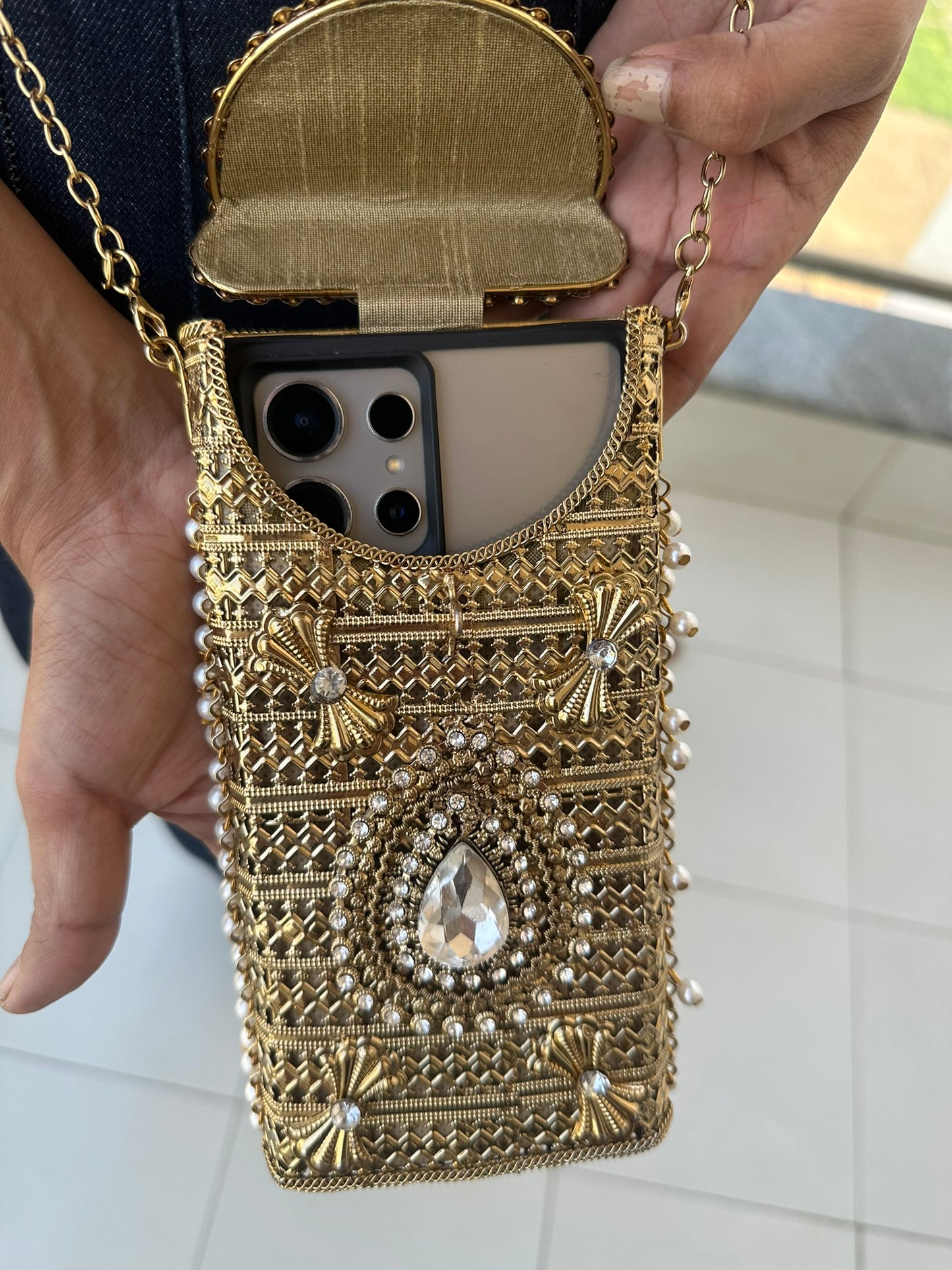 Filigree Metal Jeweled Phone Bag | Ethnic Crossbody Waist Pouch | Two Ornate Styles Available