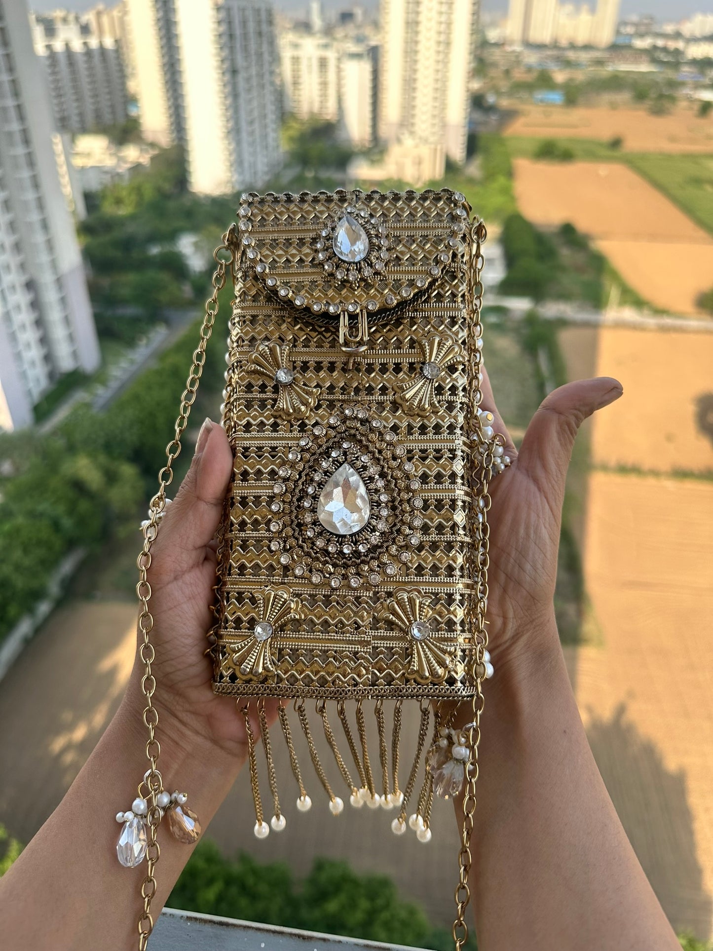 Filigree Metal Jeweled Phone Bag | Ethnic Crossbody Waist Pouch | Two Ornate Styles Available
