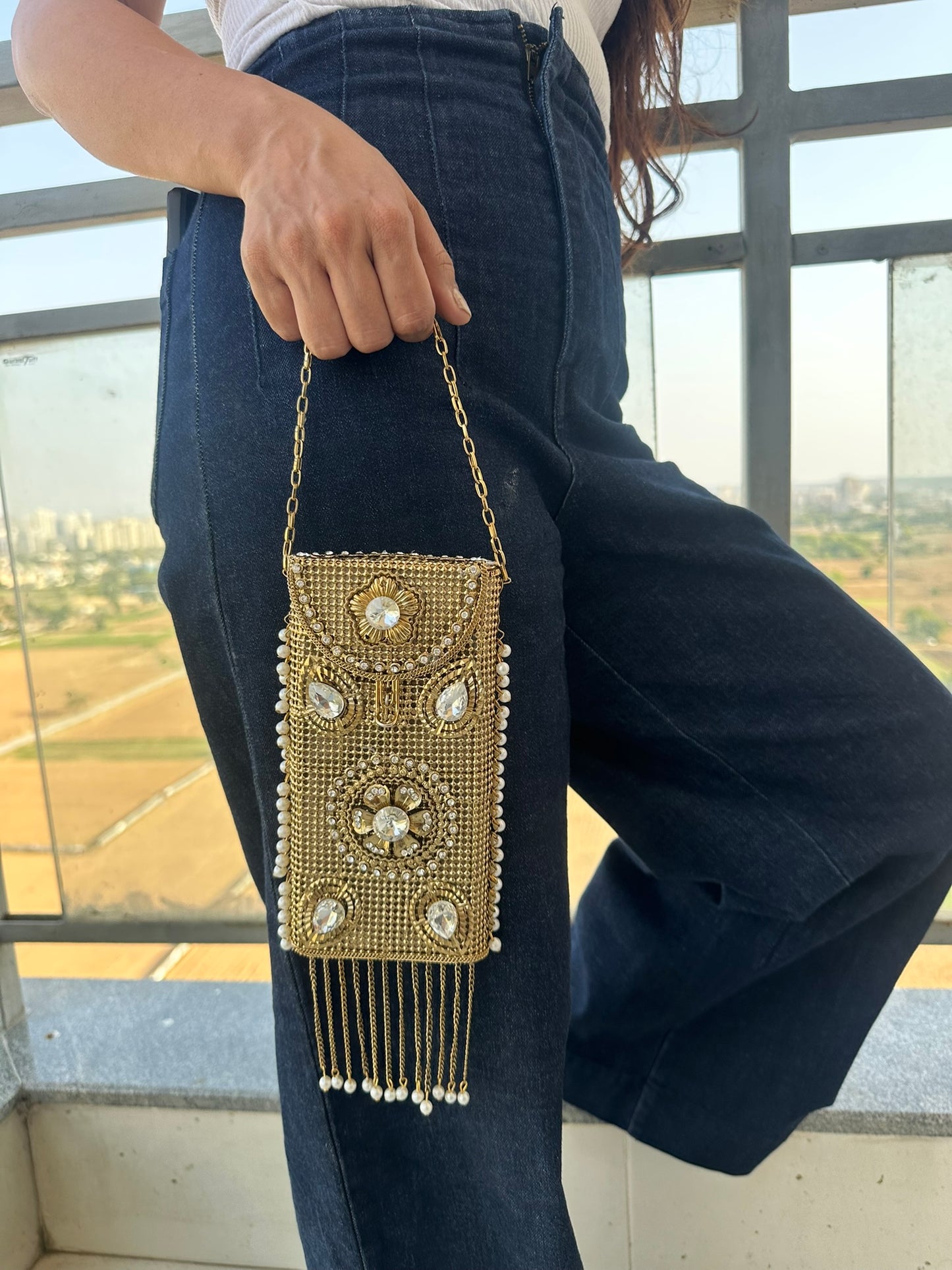 Filigree Metal Jeweled Phone Bag | Ethnic Crossbody Waist Pouch | Two Ornate Styles Available