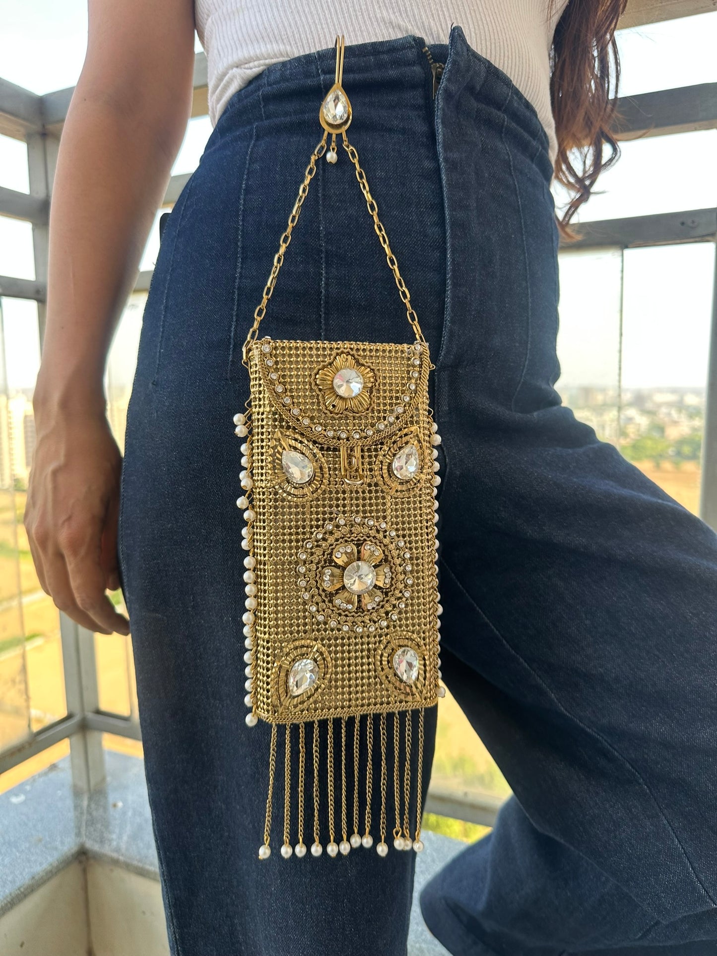 Filigree Metal Jeweled Phone Bag | Ethnic Crossbody Waist Pouch | Two Ornate Styles Available