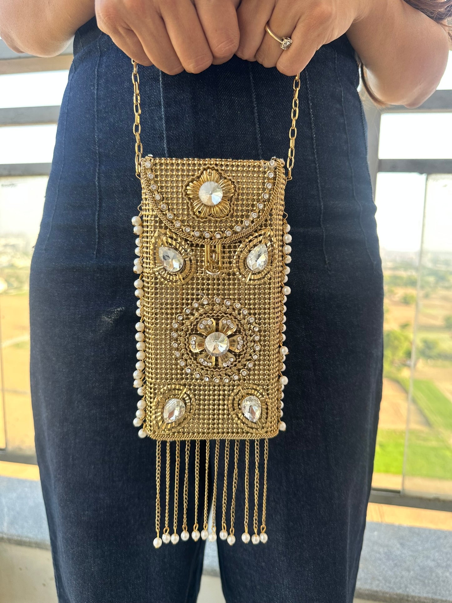 Filigree Metal Jeweled Phone Bag | Ethnic Crossbody Waist Pouch | Two Ornate Styles Available