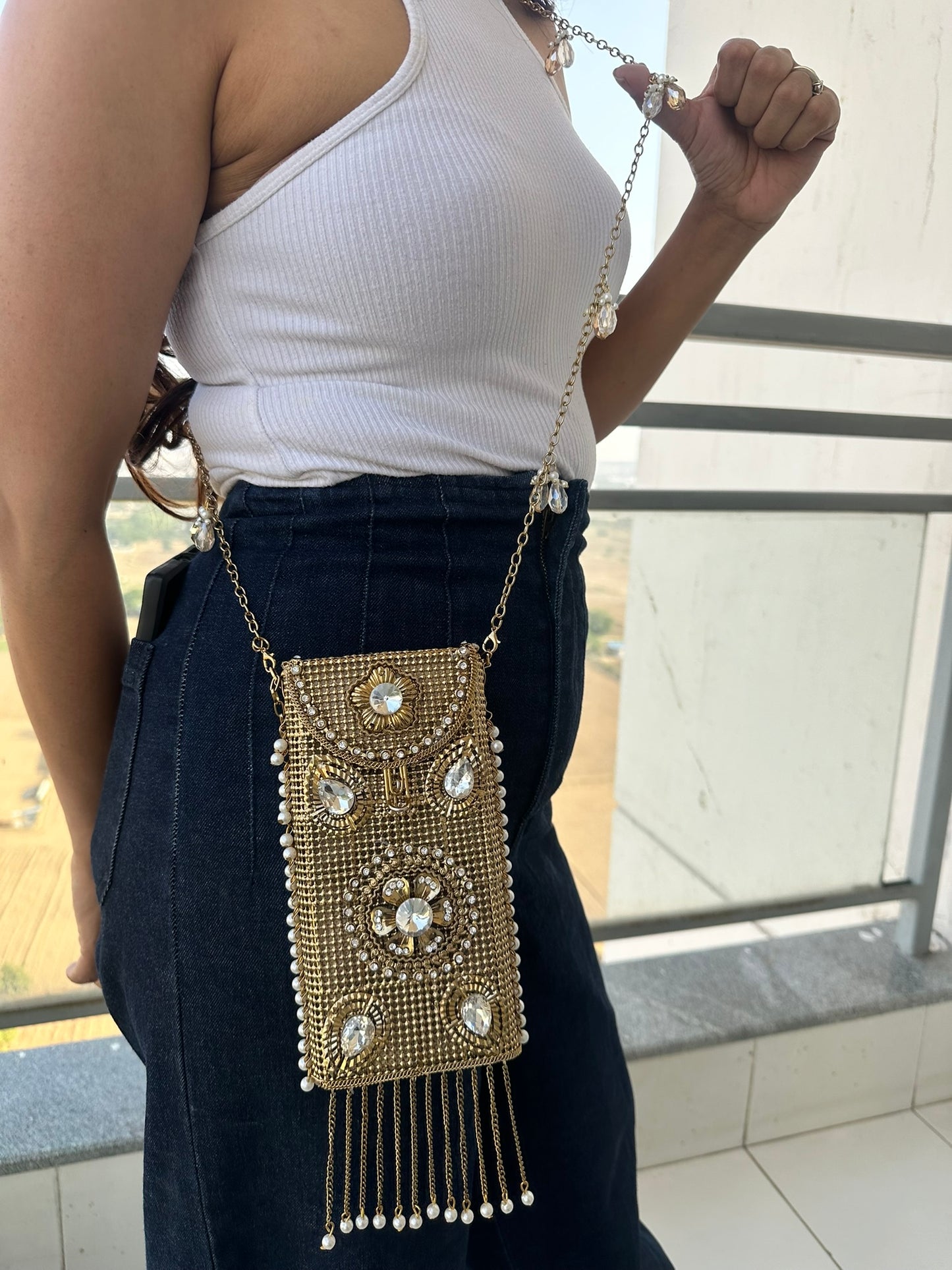 Filigree Metal Jeweled Phone Bag | Ethnic Crossbody Waist Pouch | Two Ornate Styles Available