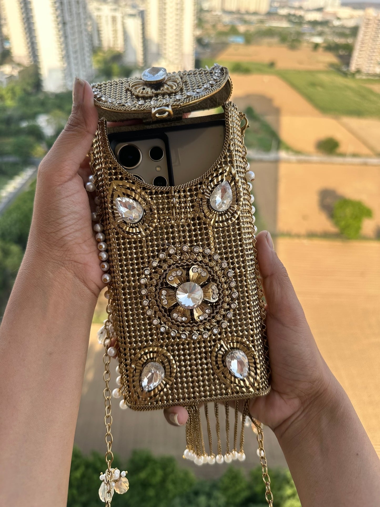Filigree Metal Jeweled Phone Bag | Ethnic Crossbody Waist Pouch | Two Ornate Styles Available