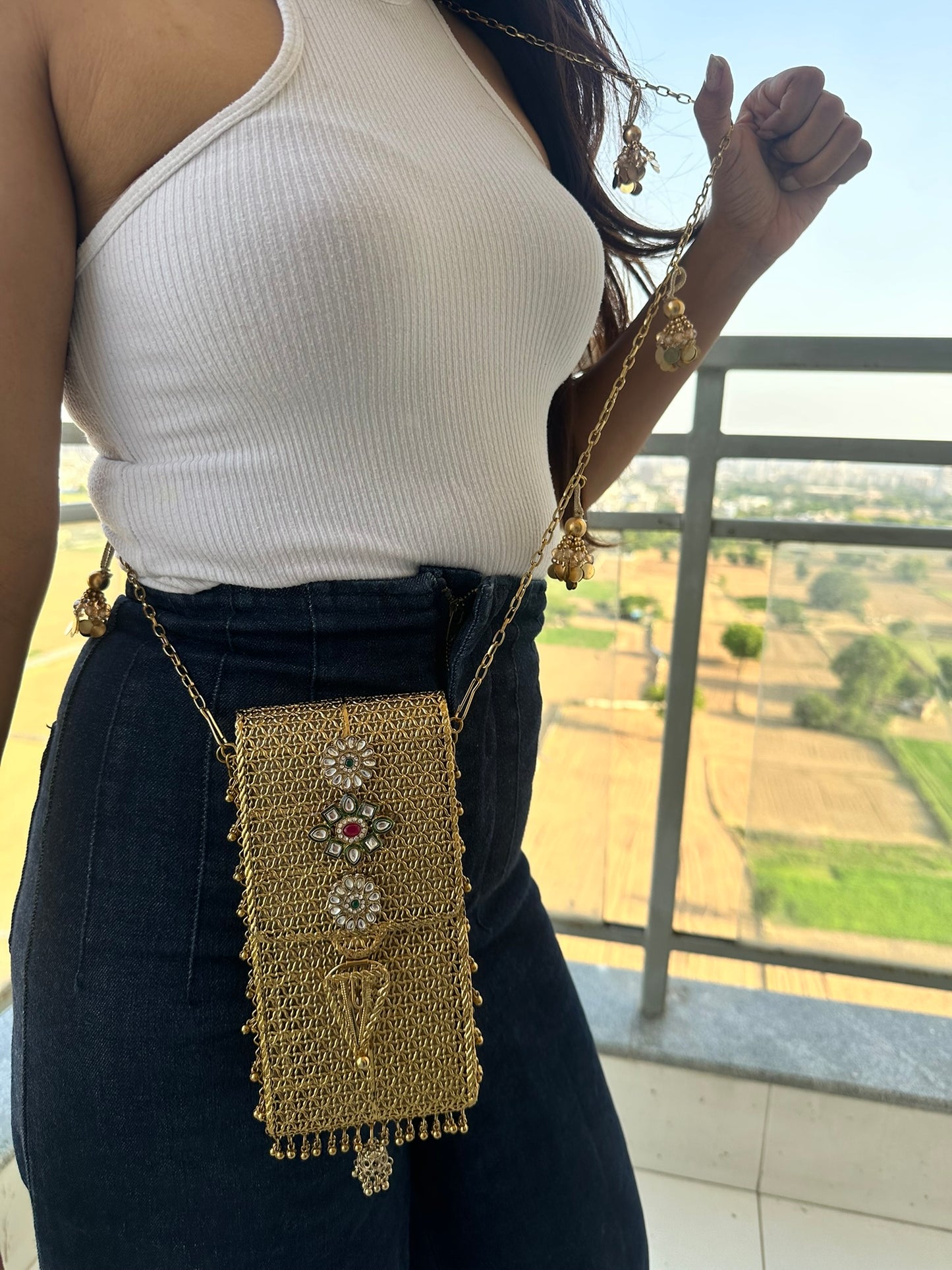 Mira Heritage Phone Sling – Hand-Woven Metallic Crossbody with Kundan Motifs, Jhumka Drops