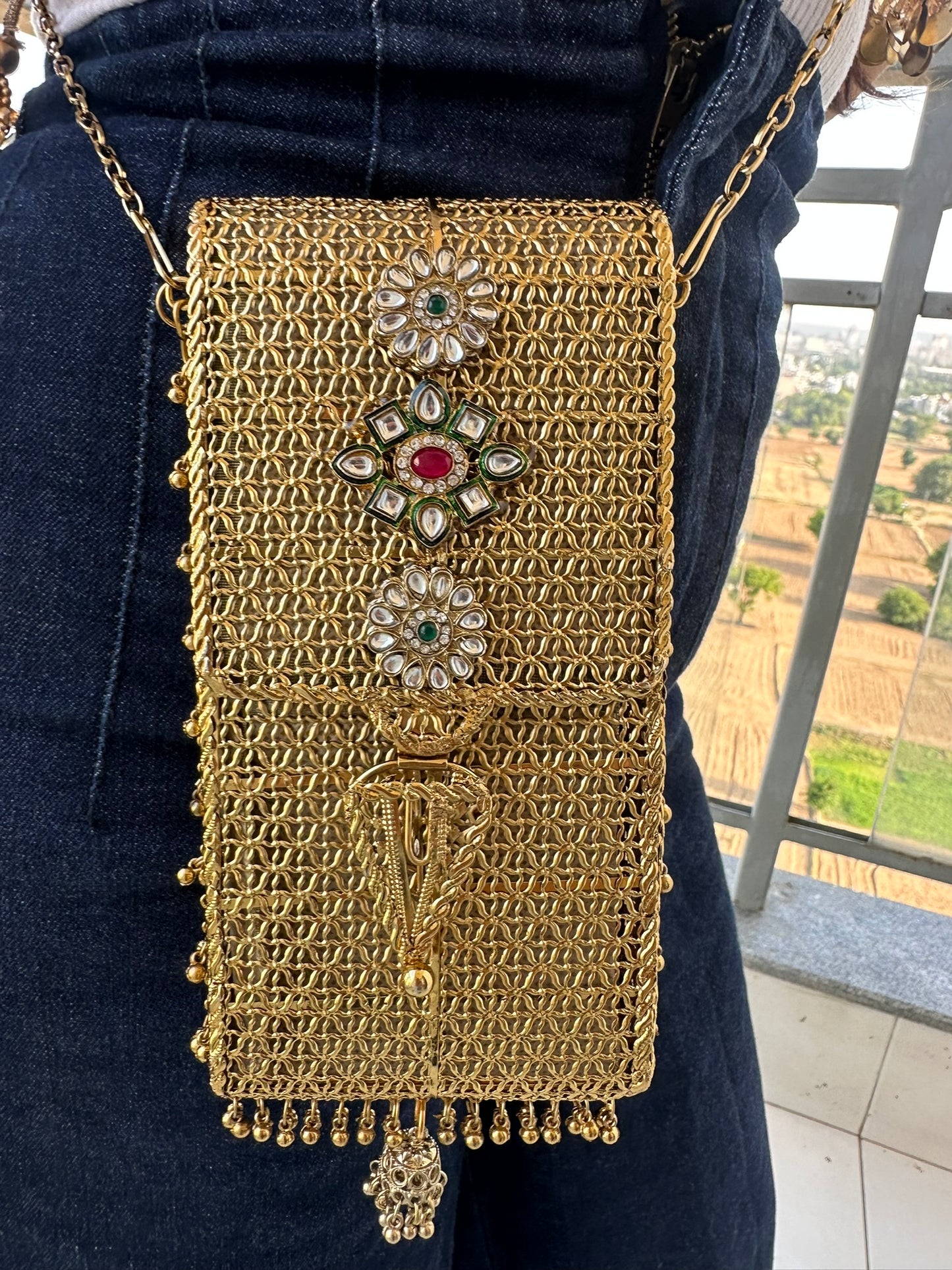 Mira Heritage Phone Sling – Hand-Woven Metallic Crossbody with Kundan Motifs, Jhumka Drops