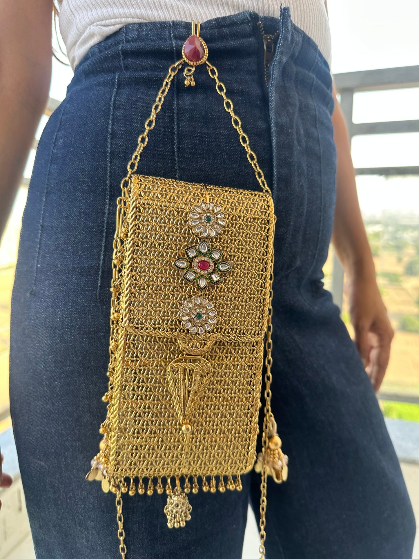Mira Heritage Phone Sling – Hand-Woven Metallic Crossbody with Kundan Motifs, Jhumka Drops