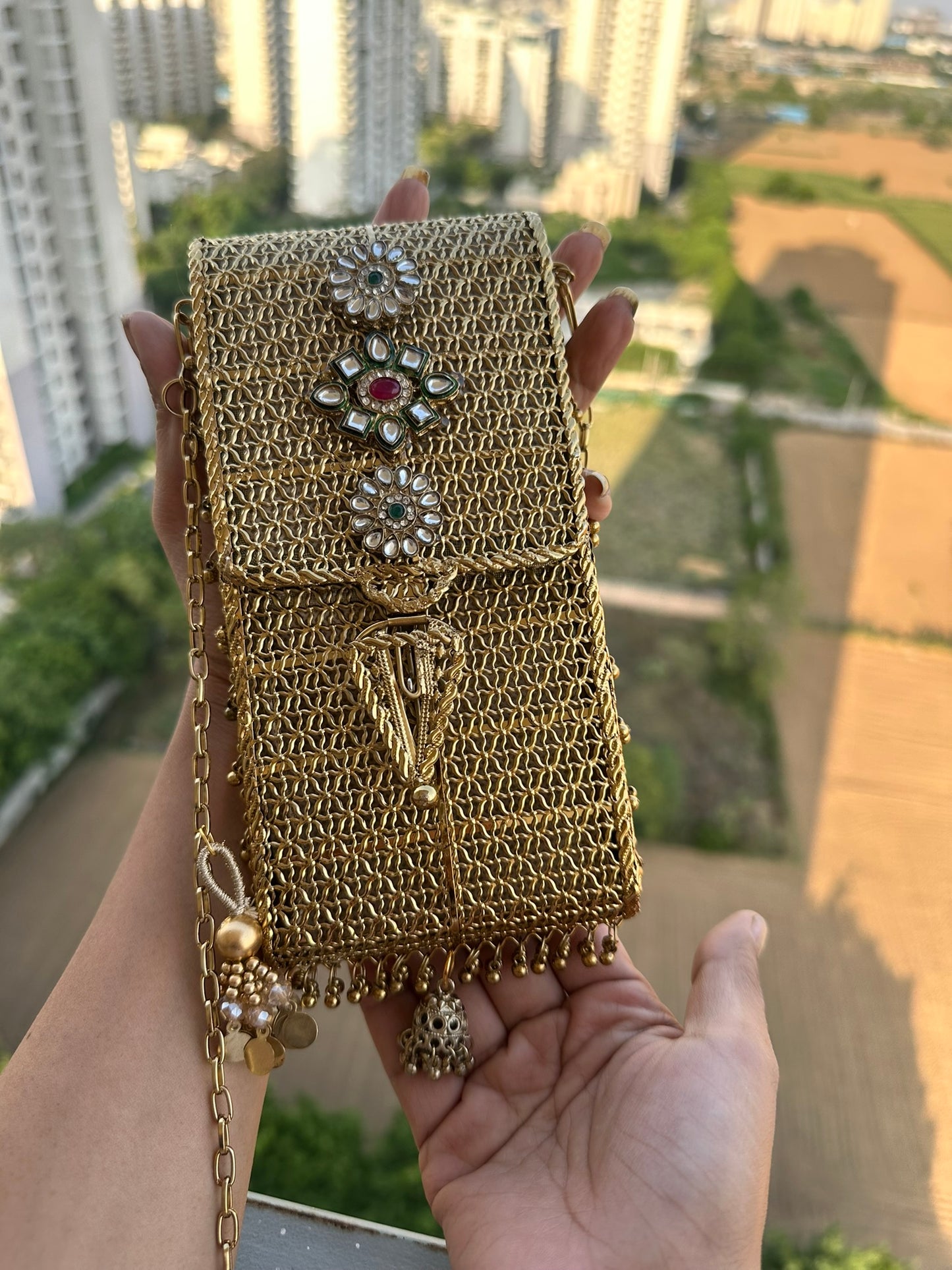 Mira Heritage Phone Sling – Hand-Woven Metallic Crossbody with Kundan Motifs, Jhumka Drops