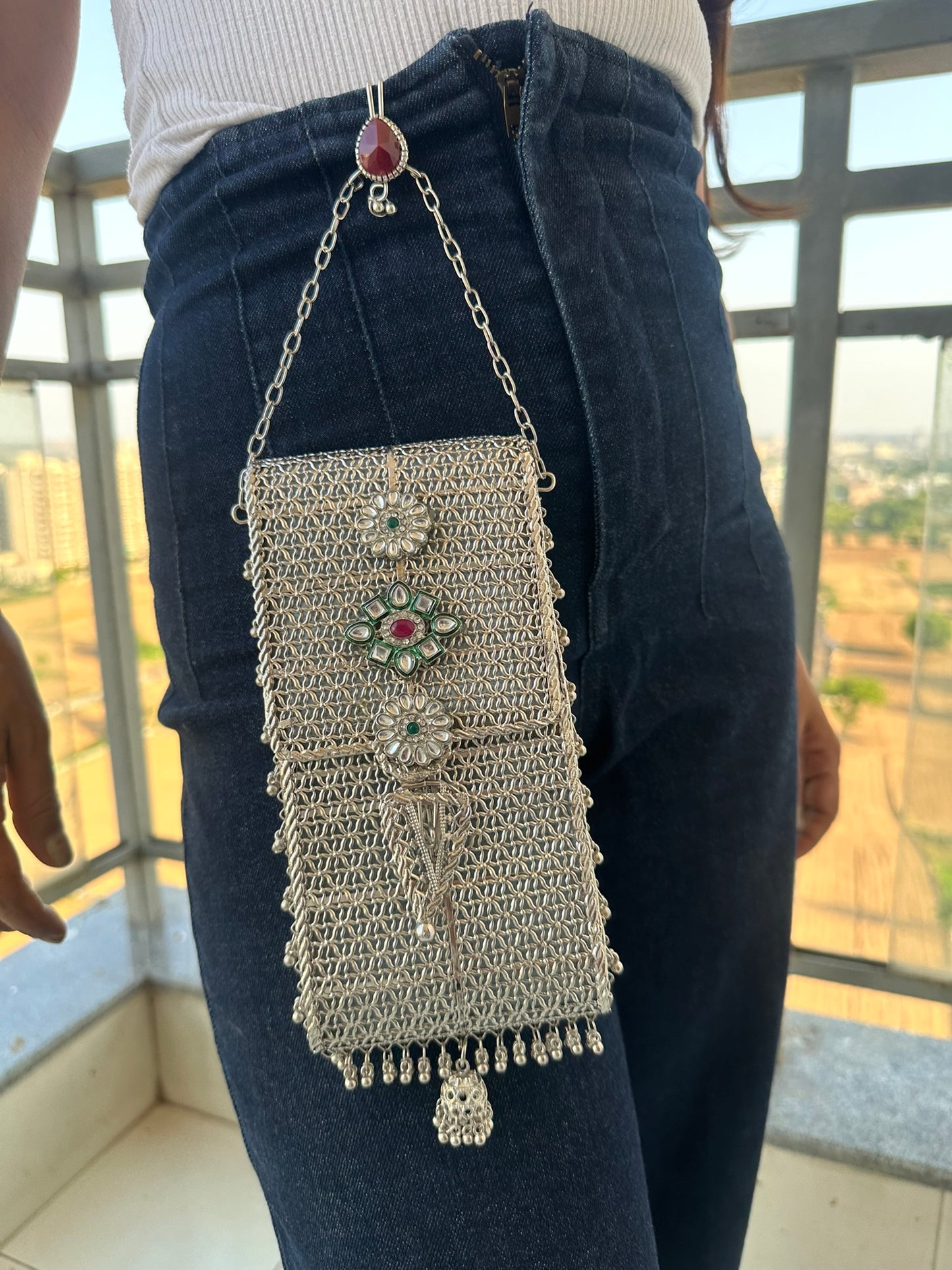 Mira Heritage Phone Sling – Hand-Woven Metallic Crossbody with Kundan Motifs, Jhumka Drops
