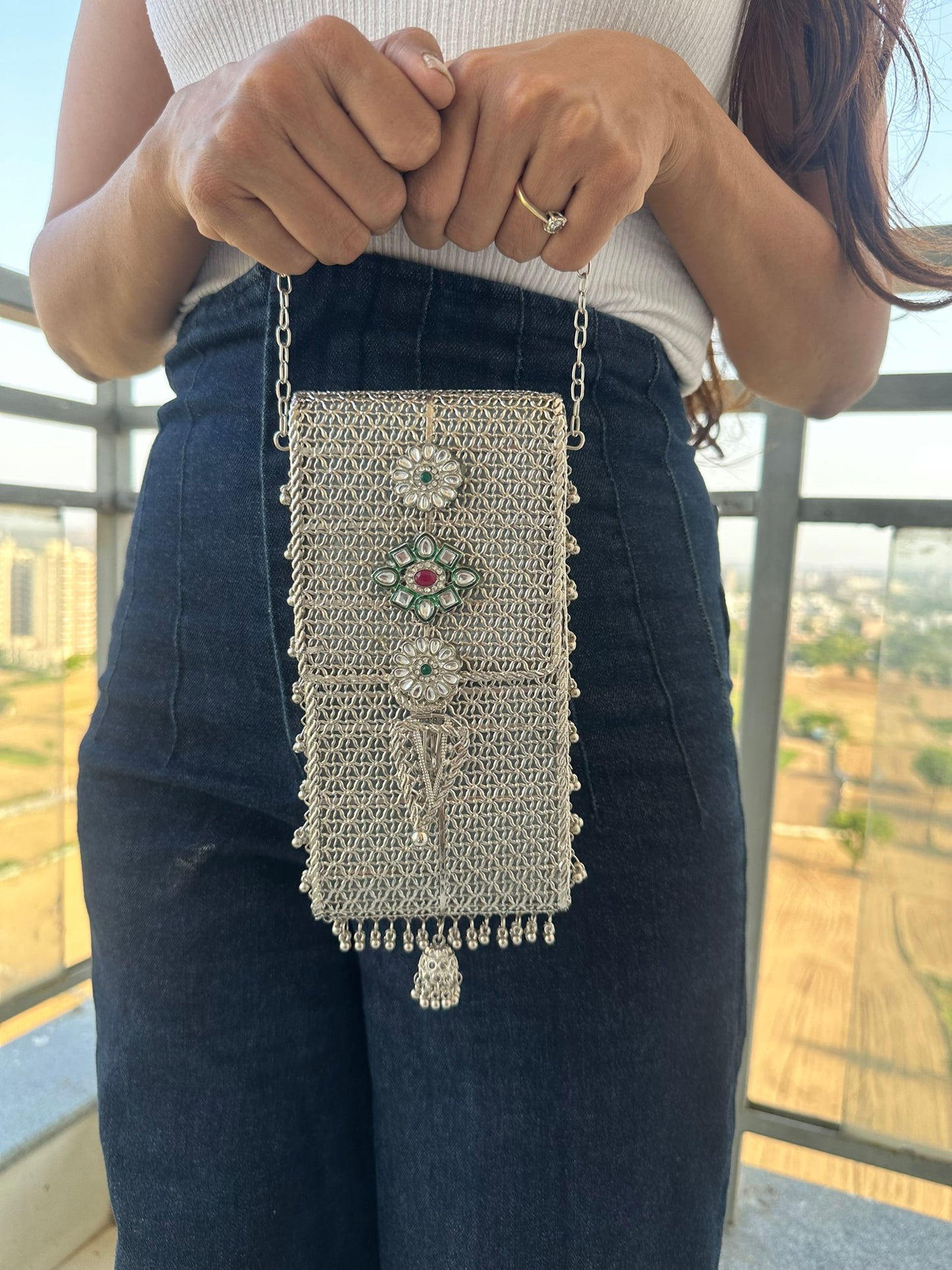 Mira Heritage Phone Sling – Hand-Woven Metallic Crossbody with Kundan Motifs, Jhumka Drops
