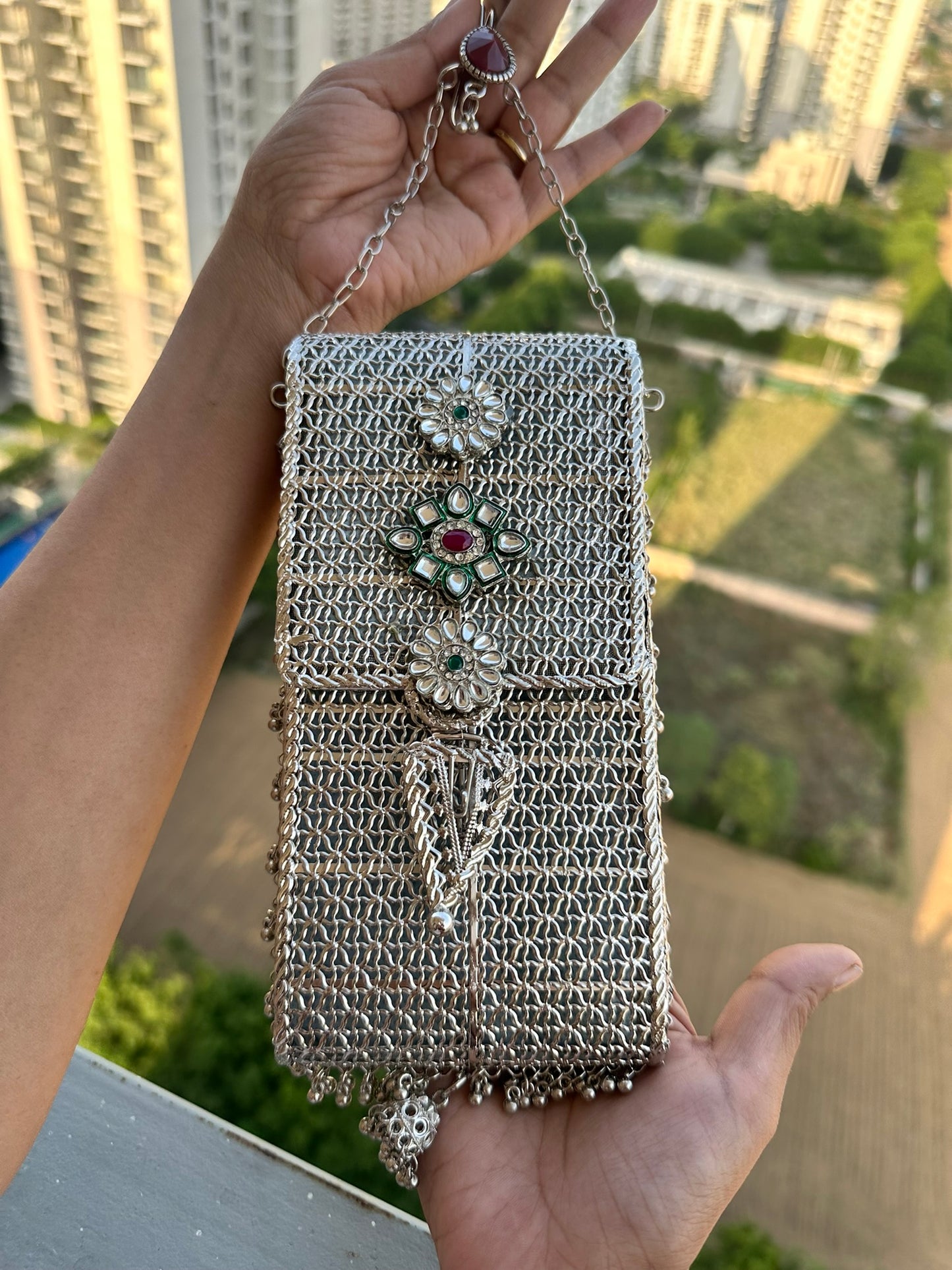 Mira Heritage Phone Sling – Hand-Woven Metallic Crossbody with Kundan Motifs, Jhumka Drops