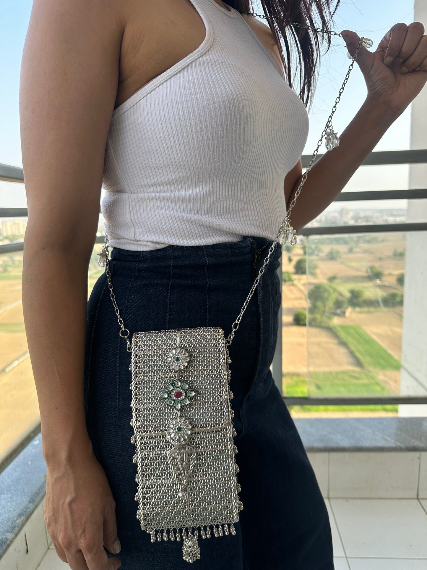 Mira Heritage Phone Sling – Hand-Woven Metallic Crossbody with Kundan Motifs, Jhumka Drops