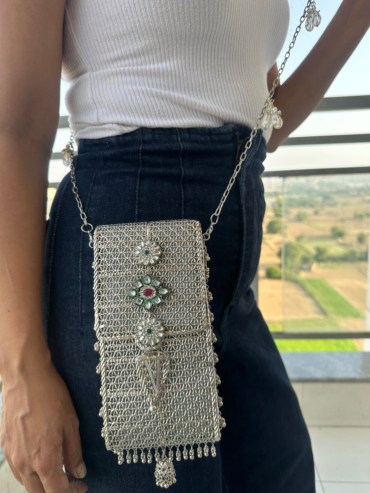 Mira Heritage Phone Sling – Hand-Woven Metallic Crossbody with Kundan Motifs, Jhumka Drops