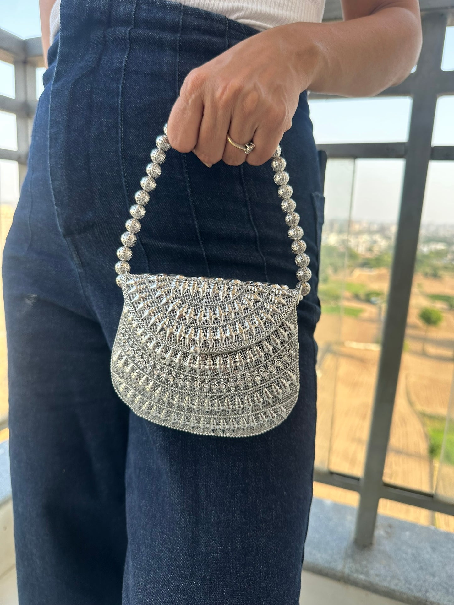 The Luna Metallic Mesh Clutch – Artisanal Hand-Woven Evening Bag with Beaded Handle | Two Luxury Tones: Champagne Gold & Burnished Silver