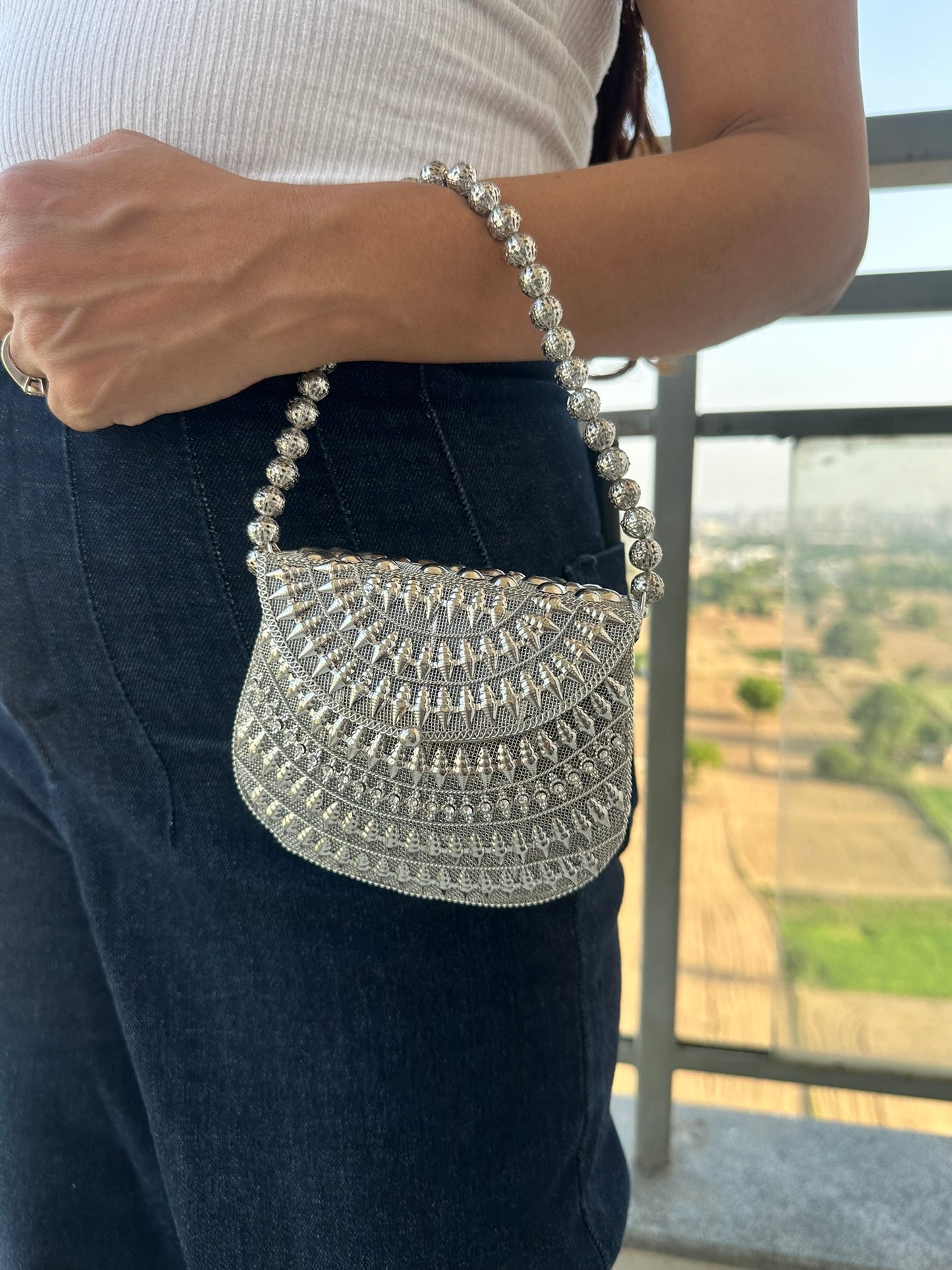The Luna Metallic Mesh Clutch – Artisanal Hand-Woven Evening Bag with Beaded Handle | Two Luxury Tones: Champagne Gold & Burnished Silver