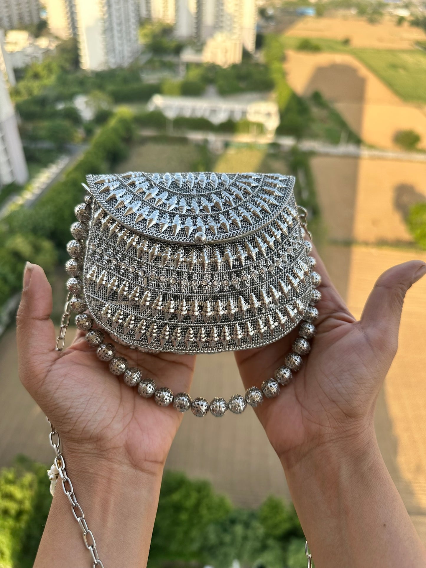The Luna Metallic Mesh Clutch – Artisanal Hand-Woven Evening Bag with Beaded Handle | Two Luxury Tones: Champagne Gold & Burnished Silver