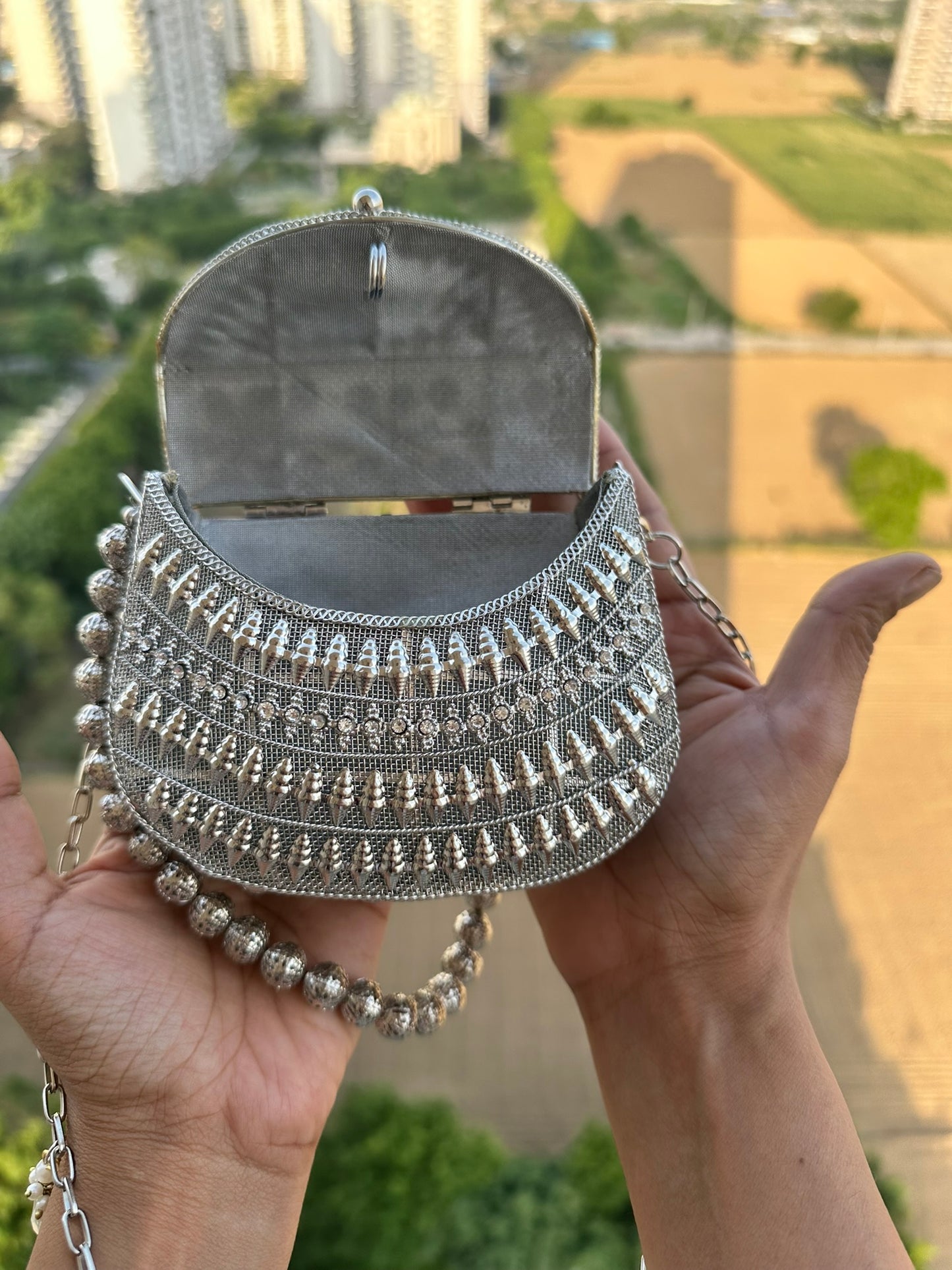 The Luna Metallic Mesh Clutch – Artisanal Hand-Woven Evening Bag with Beaded Handle | Two Luxury Tones: Champagne Gold & Burnished Silver