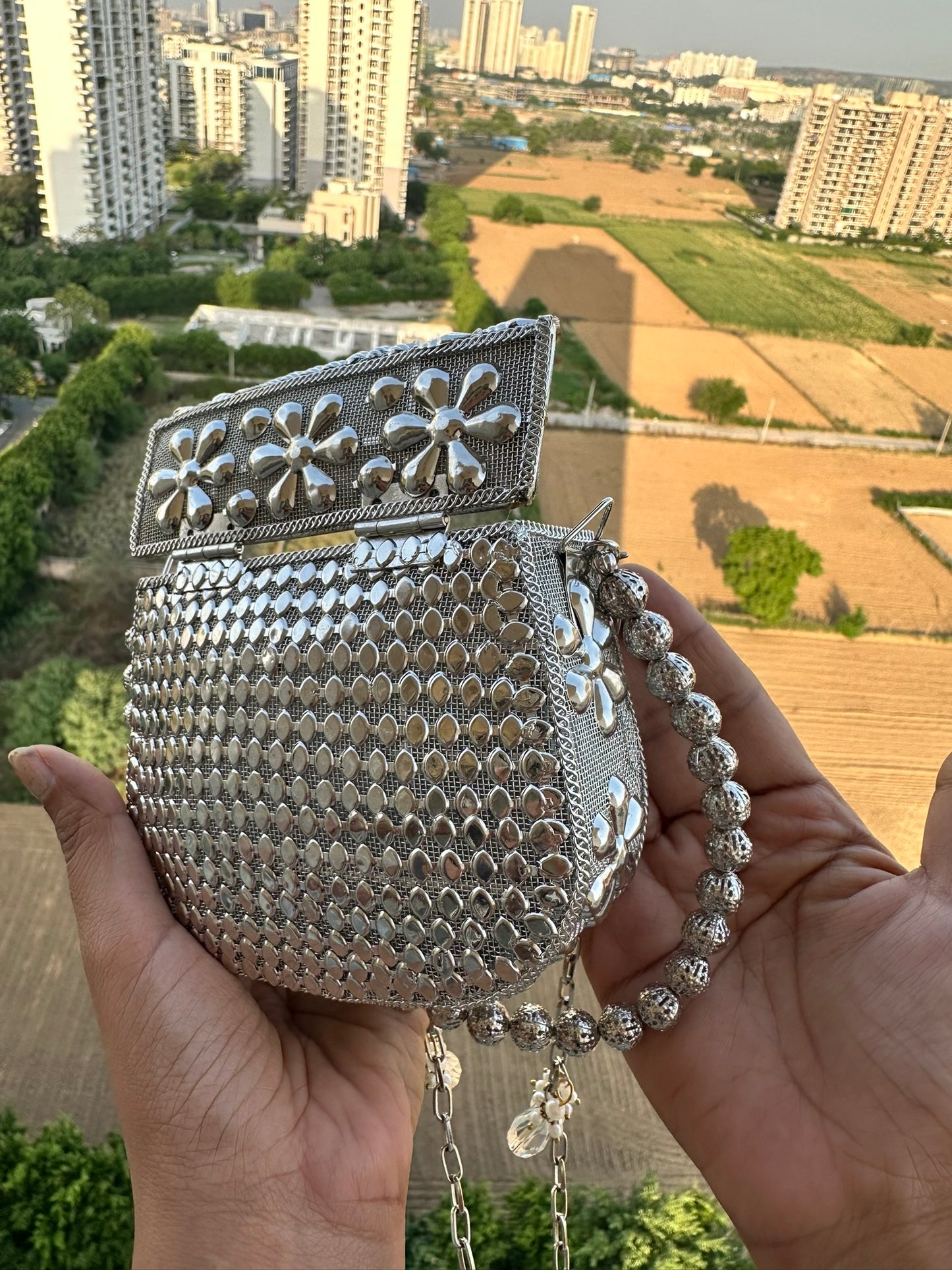 The Luna Metallic Mesh Clutch – Artisanal Hand-Woven Evening Bag with Beaded Handle | Two Luxury Tones: Champagne Gold & Burnished Silver