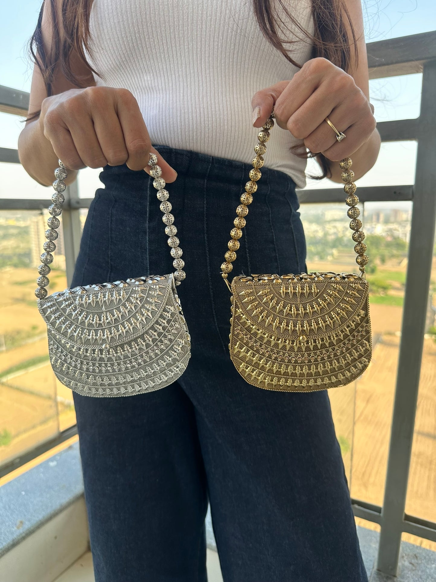 The Luna Metallic Mesh Clutch – Artisanal Hand-Woven Evening Bag with Beaded Handle | Two Luxury Tones: Champagne Gold & Burnished Silver