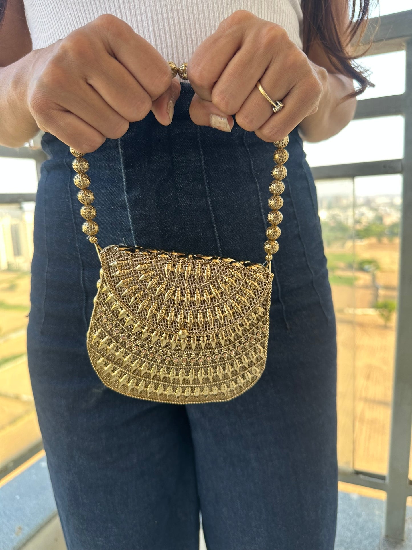 The Luna Metallic Mesh Clutch – Artisanal Hand-Woven Evening Bag with Beaded Handle | Two Luxury Tones: Champagne Gold & Burnished Silver