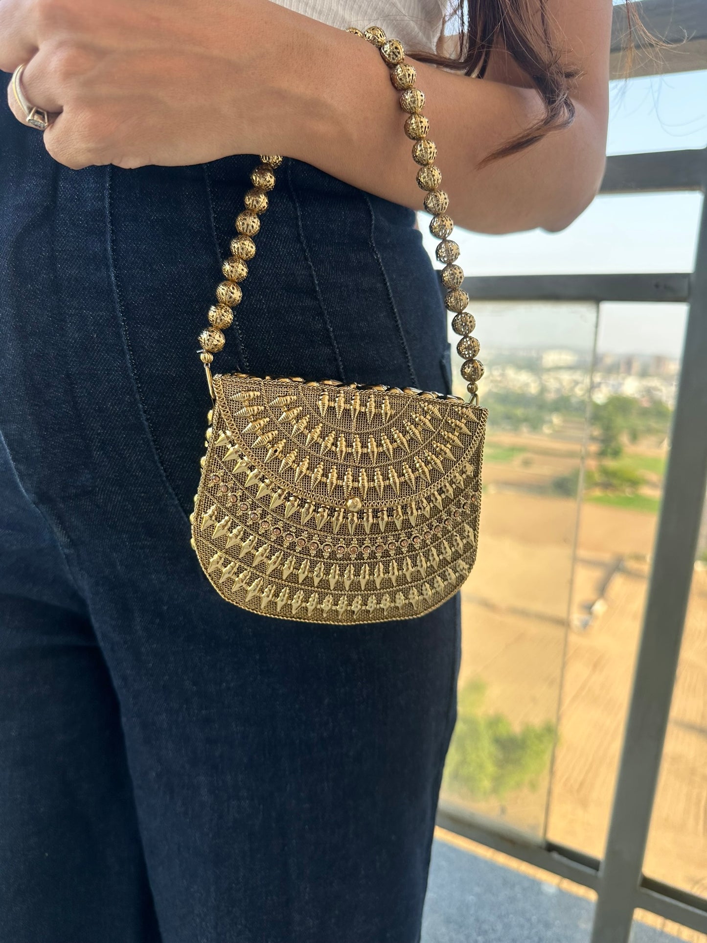 The Luna Metallic Mesh Clutch – Artisanal Hand-Woven Evening Bag with Beaded Handle | Two Luxury Tones: Champagne Gold & Burnished Silver