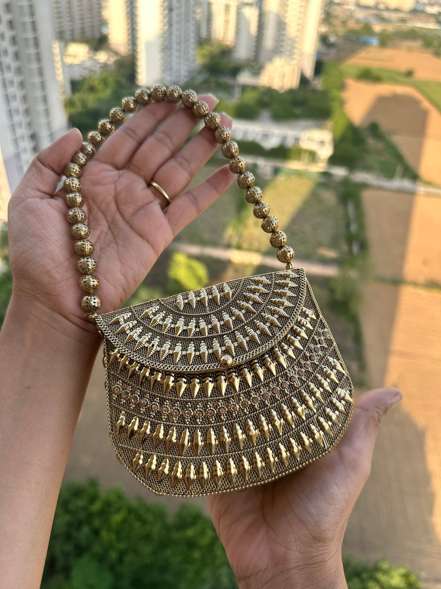 The Luna Metallic Mesh Clutch – Artisanal Hand-Woven Evening Bag with Beaded Handle | Two Luxury Tones: Champagne Gold & Burnished Silver