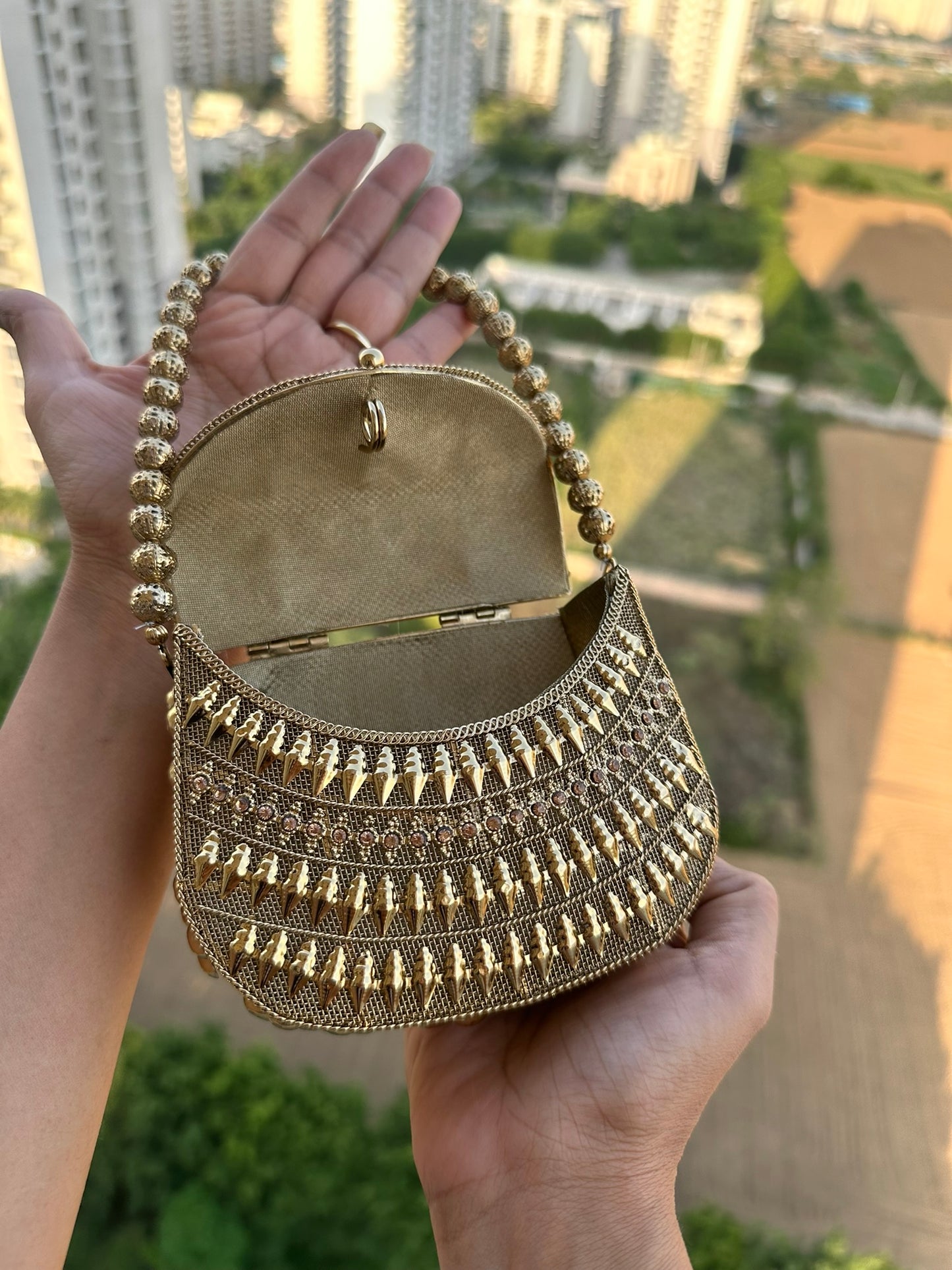 The Luna Metallic Mesh Clutch – Artisanal Hand-Woven Evening Bag with Beaded Handle | Two Luxury Tones: Champagne Gold & Burnished Silver