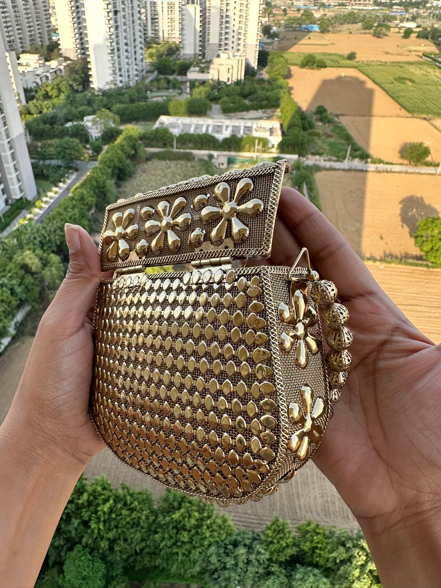 The Luna Metallic Mesh Clutch – Artisanal Hand-Woven Evening Bag with Beaded Handle | Two Luxury Tones: Champagne Gold & Burnished Silver