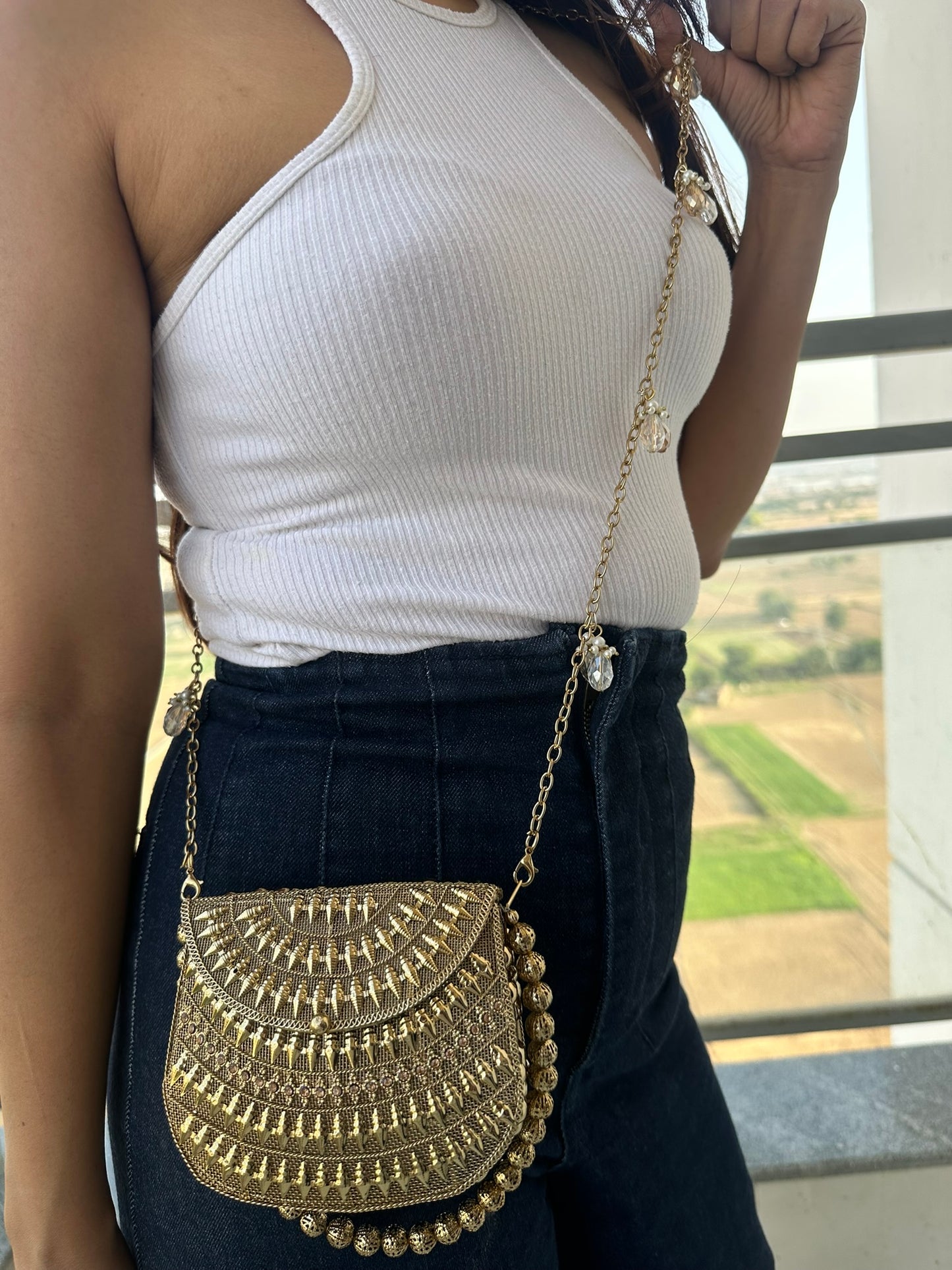 The Luna Metallic Mesh Clutch – Artisanal Hand-Woven Evening Bag with Beaded Handle | Two Luxury Tones: Champagne Gold & Burnished Silver