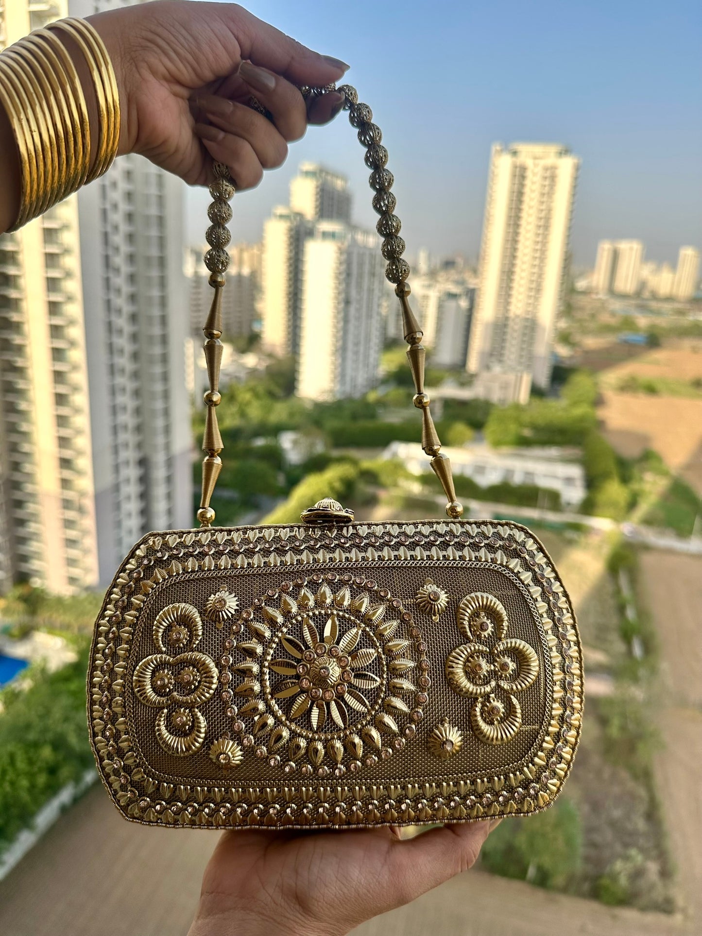 The Zara Antique Gold Hardcase Minaudière • Available in 4 Artisanal Designs