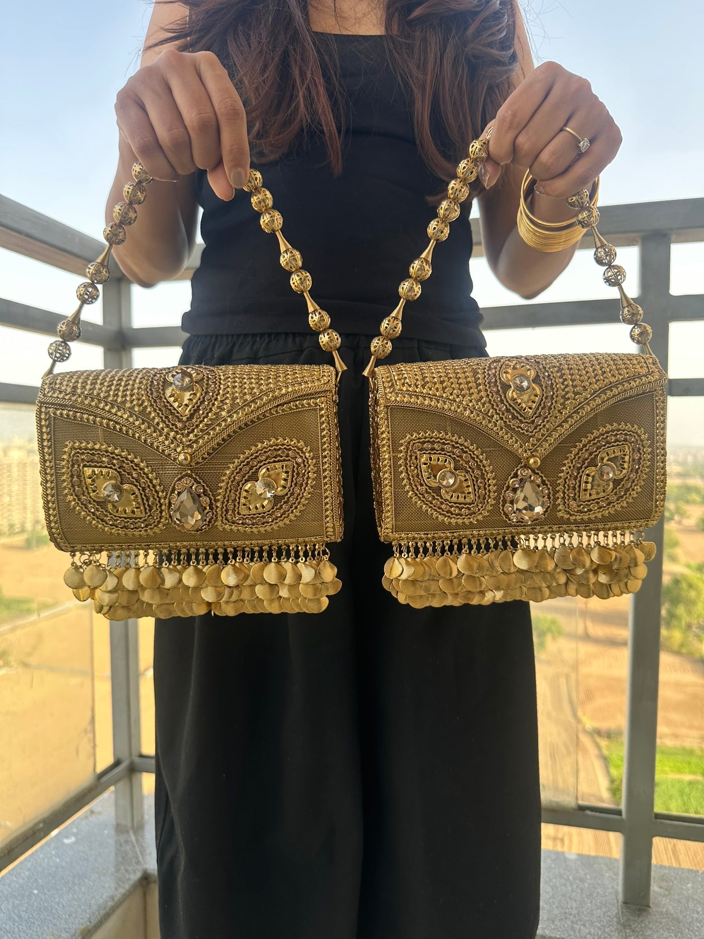The Aria Antique Gold Embroidered Clutch with Statement Ghungroo Drops